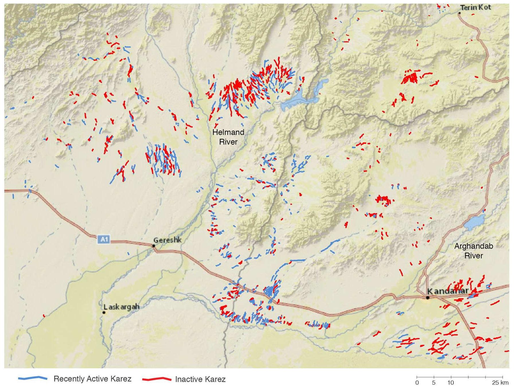 Fig. 8. Project map showing active and inactive karezes in Helmand and Kandahar Provinces (image credit: Naglak and Stinson. Background image: ESRI, National Geographic Society).  As mentioned above, most karezes, both active and inactive, are 500-2000 m in length with an average length of 1340 m (Fig. 10). A number of factors explain this apparent “sweet spot” in the length  Of the total 5887 karezes recorded, 611 were identified as being ac- tive and 5276 as inactive, including many small fragments, thereby documenting an unambiguous pattern of karez inactivity. In addition, we identified two distinct patterns. Nearly all of the active karezes (543 out of 611) occur in the first area of karez high density as described above in the upper Helmand valley/western Kandahar (Fig. 8). Almost 