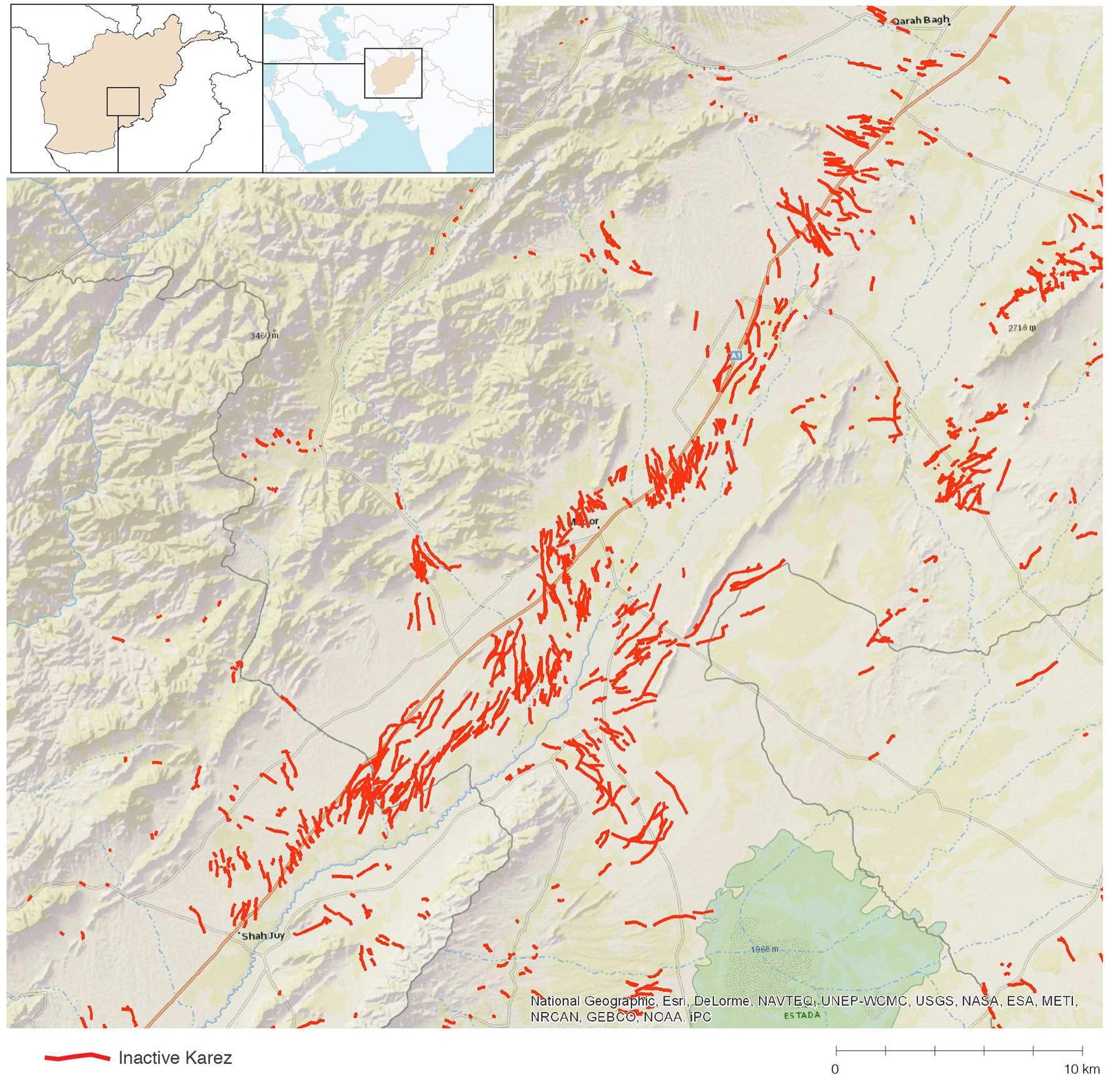 Fig. 9. Project map showing the high density of inactive karezes in Zabul and Ghazni Provinces along the Kabul-Kandahar highway (image credit: Naglak and Stinson. Background image: ESRI, National Geographic Society). 