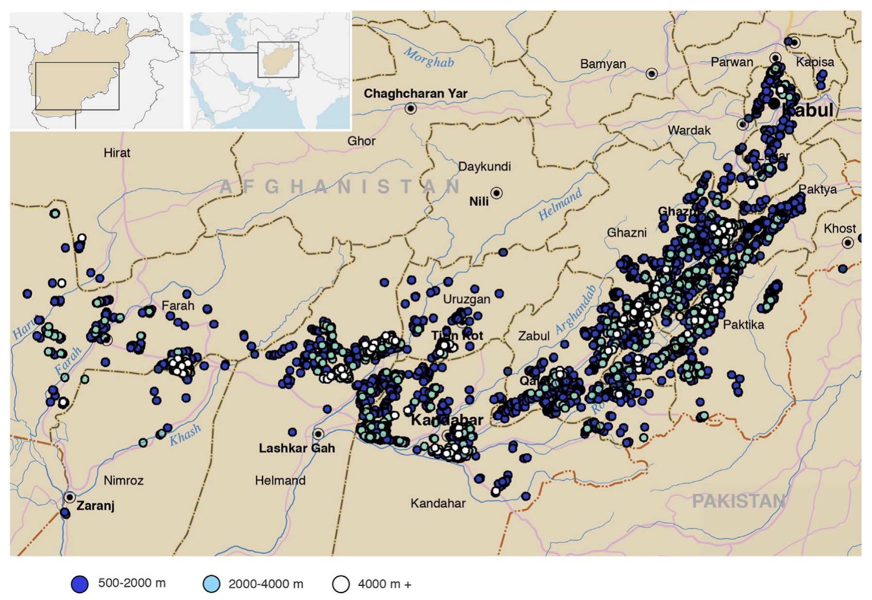 Fig. 11. Project map showing all active and inactive karezes by length in meters (Image credit: Naglak and Stinson. Background, boundary lines and features from United Nations Map Nc 3958 Rev. 6).  that had been published only in 1980, which mentions said survey. The specific figure of c. 6750 karezes has been republished in several subse- quent reports and studies as if the facts on the ground have not changed  reported by I. M. Anderson in an F.A.O.-sponsored study (Anderson, 1993: 4-1, with Table 4.2). Anderson himself seems to have simply drawn his information from one of Afghanistan's yearbooks of statistics 