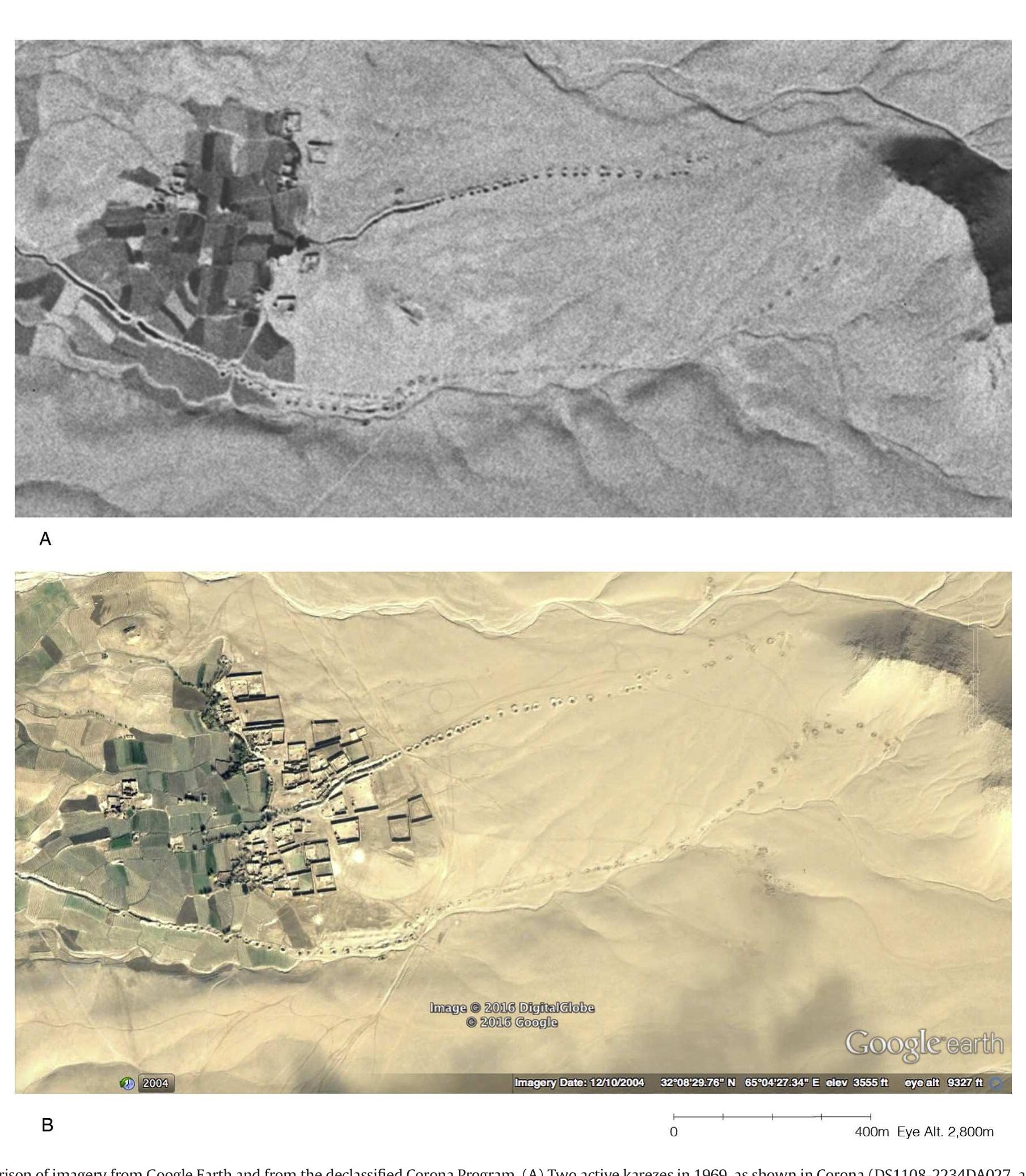 The historical record for karez use in Afghanistan is fragmentary, rel- atively recent, and in large part unwritten (de Planhol, 2011d). The in- troduction of karezes/qanats to Afghanistan likely came along with the eastern expansion of Iranian cultural and political influences during the Achaemenid period (c. 550-331 BCE.) (Balland, 1992b: 97-100; de Planhol, 2011d). But until local sources of hard evidence—historical and/ or archaeological—can be aggressively researched, the Achaemenid ori- gins model remains an assumption. Karez technology may have blossomed across southern Afghanistan only much later when the Ghaznevid dynasty ruled from the city of Ghazni during the period from 997-1148 BCE. We found the greatest densities of inactive karezes fanning out to the southeast of the city of Ghazni and extending much  Active karezes charted by our project can be identified in some  declassified Corona 1969, indicating age  Program black-and-white satellite images from s of at least fifty years (Fig. 12). The resolution and  clarity of Corona imagery, however, are not consistently high enough  for large-scale map  ping of active and inactive karezes. Although oral  histories are notoriously untrustworthy, they plausibly suggest that the karezes visible in the landscape of Afghanistan today were built no  earlier than the eig era (Humlum, 1959  hteenth and nineteenth centuries of the common : 223-228). McClymonds (1972: 55-56) reported  statements from villagers in the upper Helmand valley that their  karezes were older t that most were 300  han the memories of their living elders and claimed -400 years old. A recently restored karez in Herat  province is reportedly 300 years old (Rout, 2008: 38-39). Regardless of their antiquity, karezes as features of Afghanistan's cultural heritage, as well as elements in a sustainable agrarian economy, are in danger of 
