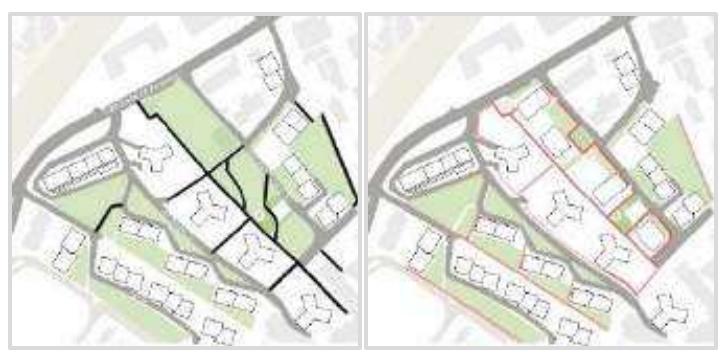 Figure 2. a. Pedestrian areas and walkways (approximately 2004); b. Barriers and fences of new and old residential areas (current); ec. Pedestrian areas and public spaces (2017)  The Big Block is very similar to the Hilton Hotel -Turkey's first five-star hotel, which opened in 1955- with its architectural attitude.  With the apartment building process, common urban areas emerged. There are two children parks and one basketball court. The mass housing, like a small city, is built in a frame tha contains many functions. Therefore, in these settlements, public spaces of residential users, which are located near private spaces, differ from public spaces in the city. The state of rupture from this city seemed to be much naiver in the beginning, but today it has caused very limited relations. Today's gated communities create limited publicity. Middleist blocks include both new housing developments and older residential areas retrofitted with barricades and fences. They differ from traditional buildings with security systems or doormen. Access is controlled by physical barriers, fenced perimeters, and guarded entrances (Figure 2).  