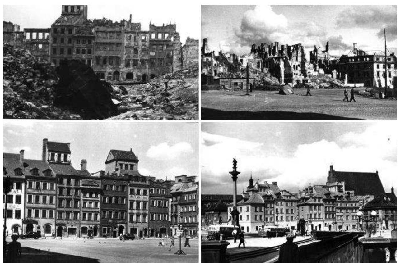 Figure 01. Old Town of Warsaw up to bottom; during the War, and after the re-constructions (Source: http://collections.yadvashem.org/photosarchive, accessed June 3, 2014)  hundred eighty-two of them entirely demolished, and a hundred forty-one buildings partly damaged (Jankowski, S. M., 1990). 