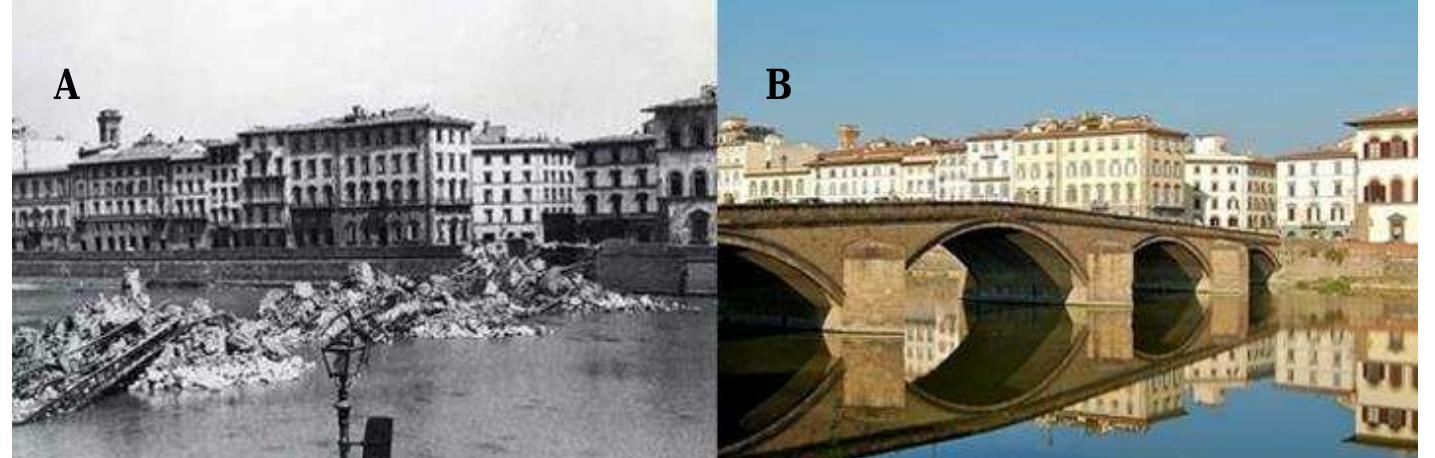 mm  Figure 02. 2. The demolished bridge } Ponte alla Corraia in 1944 (A), The re-constructed bridge in 1948 (B)(Sources: http://www. florence-on-line.com/monuments-bridges/ponte-alla-carraia.html, http://www. anpioltrarmo .it/archivio-storico/foto/truppe-alleate-entrano-in-oltrarno-liberata- dai- partigiani/img040.jpg/view, accessed June 3, 2016)  Likewise, several re-constructions were made also in Frankfurt, Luxemburg and Nurnberg in Germany. Besides, in the scope of the recovery process after the Second World War, in addition to the buildings with historical and artistic significance, utilitarian structures were  also a part of the cam  Flo and col  reconstructions have posi the new generations, since an amnesia spread out just as in the statement of Bald (2001),  for  rence/Italy was firstly partly re-constructed apsed, yet it was rebui  and  paign of creating replicas. For example, Ponte alla Corraia in constructed in 1274, throughout the history the bridge was restored . During the Second World War it was seriously damaged and lItimmediately in 1948 (Fig. 02). Surely, it can be claimed that these tive impact on the recovering society. Nevertheless, they are critical  eased at least the visi  ble harm. 