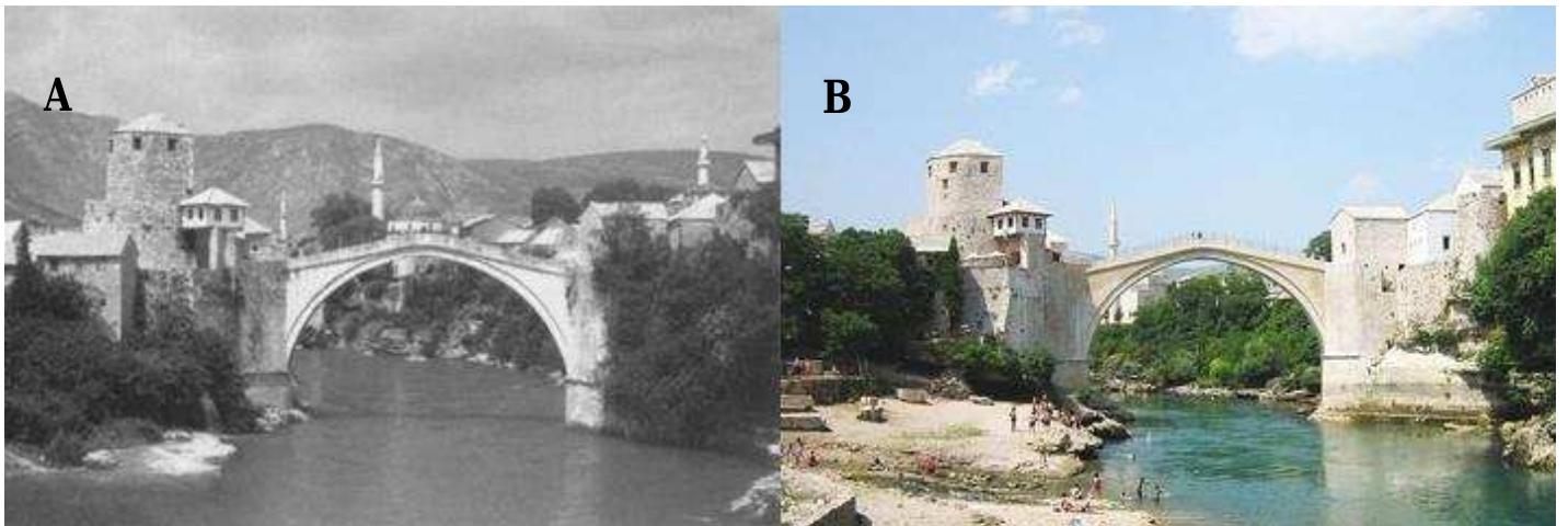 Figure 03. The original Mostar Bridge in 1974 (A), The re-constructed Bridge in 2006 (B) (Sources: www.alangellerphotography.com, http://en.wikipedia.org/wiki/File:Puente_de Mostar.JPG, accessed February 3, 2017)  The re-constructions in order to heal the traumas are not exclusive to Second World War. The traumatic events in the consecutive wars continued leave their memories behind, thus the traumas continued to be recovered through re-constructions. The Mostar Bridge, designed by Architect Hayreddin (one the student of Mimar Sinan) and originally constructed in 1566 and was seriously damaged by the 1990s civil war. The bridge that also named the city was rebuilt in 2004 (Fig. 03). 