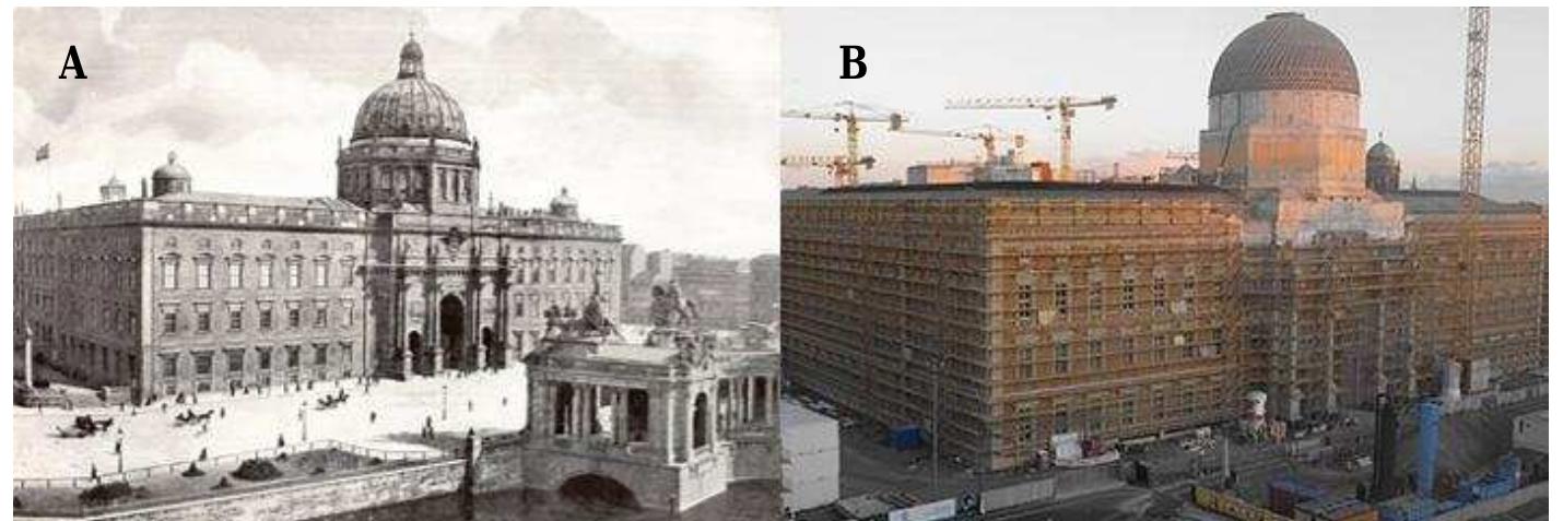Figure 1. Stadtschloss in the 1900s (A), Ongoing Humboldt Forum Project (B) (Sources: http://aboutberlin.wordpress.com/tag/berliner-stadtschloss/, http:// http://berliner- schloss.de/webcam accessed February 20, 2017 )  
