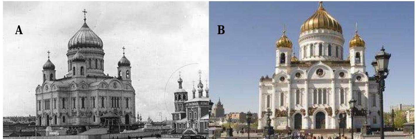 Figure 05. The original Cathedral of Christ Savior (A), the reconstructed building (B) (Sources: http://www.opendemocracy.net/od-russia/clementine-cecil/mayor-luzhkov-and-  econstruction- of-moscow, http://www.minube.net/place/the-christ-the-saviour-cathedral--a158191 accessed February 21, 2017)  