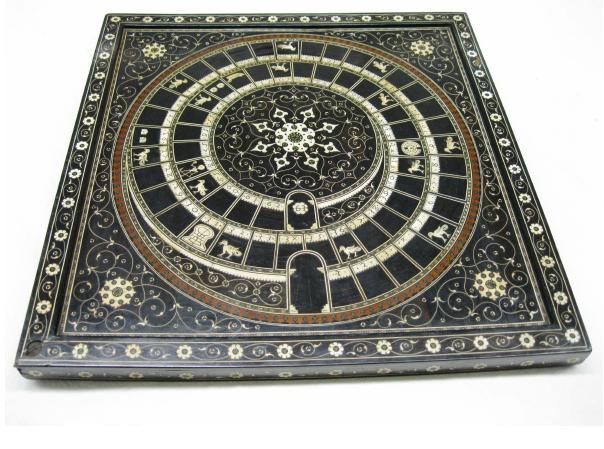 The oldest surviving Goose game board [Fig. 1] is that in the Metropoli- tan Museum of Art, New York.° It is made of ebonised wood, elaborately inlaid with ivory, horn and gold wire in a style associated with sixteenth cen- tury Gujarat in North India. However, the numbers are in a western script consistent with Italian writing of the fifteenth century, suggesting that the board was made to an Italian design. A curious feature is that, though the board is in all other respects a classic Goose board, it lacks two of the haz- ards: the bridge, and the inn. The explanation for this is not clear. There are various other mysteries: the prison space is occupied by a boat in the form of a Venetian galley,© something not known in other Goose games,’ though a different form of boat is sometimes found. Also, the execution of the drawings on the playing spaces is distinctly strange and crude, con- trasting sharply with the meticulous workmanship of the decorative inlay, suggesting that the supposed Indian craftsman had difficulty in producing these unaccustomed shapes. On its reverse, the board is laid out for chess and (to a non-European design) for a form of backgammon. 