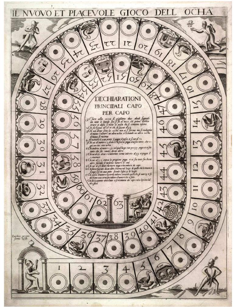 Figure 3: Detail of the oldest surviving French jeu de loie. Lyon: Rigaud, 1598.  centuries. The second claim, that the game is played by Princes and Great Lords, may be a reference to aristocratic origins (see below) or may simply be a statement of fact. 