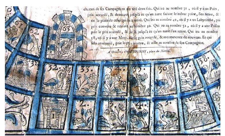 Figure 4: Detail of a French jeu de l’oie of the mid-eighteenth century, with the final image suggesting the ‘Pelican in her Piety’. Orléans: Letourmy (author’s collection).  On this basis, the geese would need to symbolise spiritual advancement, presumably by divine help. If the geese were in fact pelicans (Christian symbols of divine love) this would be easy!?° However, there is no evidence that pelicans are involved in the sixteenth century games, though in the eighteenth-century French game published by Letourmy shown in Fig. 4, the designer seems to have recalled the symbol of the “Pelican in her Piety” when ornamenting the final space with a bird feeding its young [Fig. 5). nterestingly, the iconography of the spaces with playing significance is es- sentially the same as that found in the Rigaud game of 1598 [Fig. 3, above] which, however, has no decoration in its final space. The woodcut track in the Letourmy game is hard to date and could be much earlier than the game sheet, so it is not possible to date this occurrence of the pelican-like symbolism. It has to be remembered that the stylised iconography of the medieval pelican omitted the large bill that we associate now with its image, so confusion with the image for a goose was certainly possible.?’  