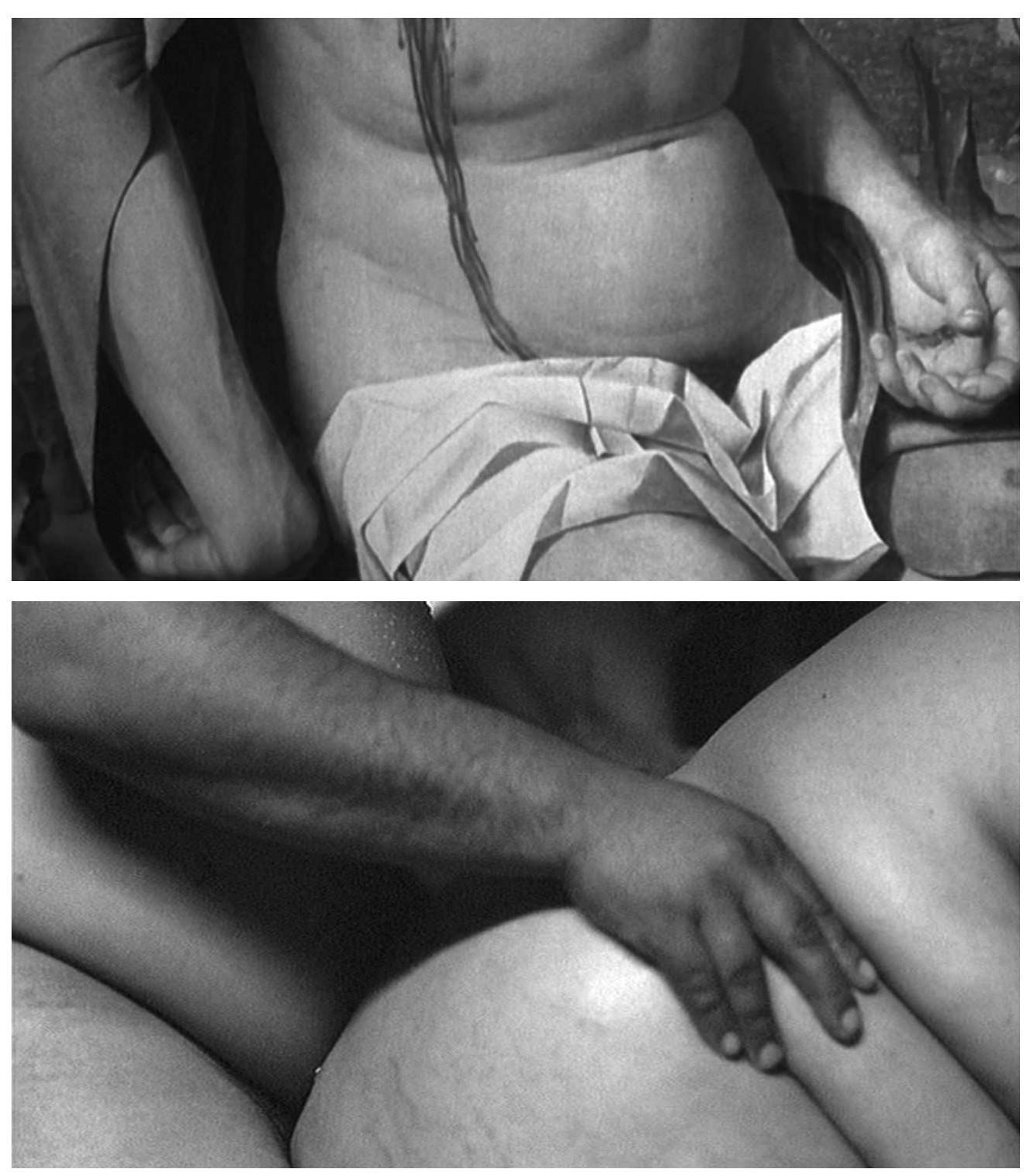 will return to this in the next section. Let us note for now that this scene proceeds by juxtaposing the sexual act with shots of a painting of a semi-naked Jesus Christ hung on the bedroom wall, which again highlights the carnality characteristic of the bloody, fleshly imagery identified with Catholicism. By alternat- ing extreme close-ups of Christ’s wounded body, from which blood gushes out, with those of Marcos and his wife’s rotund figures, the scene establishes an interesting analogy between the pious and the grotesque (Figures 5-6). Indeed, the obese  The body of Christ and the grotesque body in Battle in Heaven 