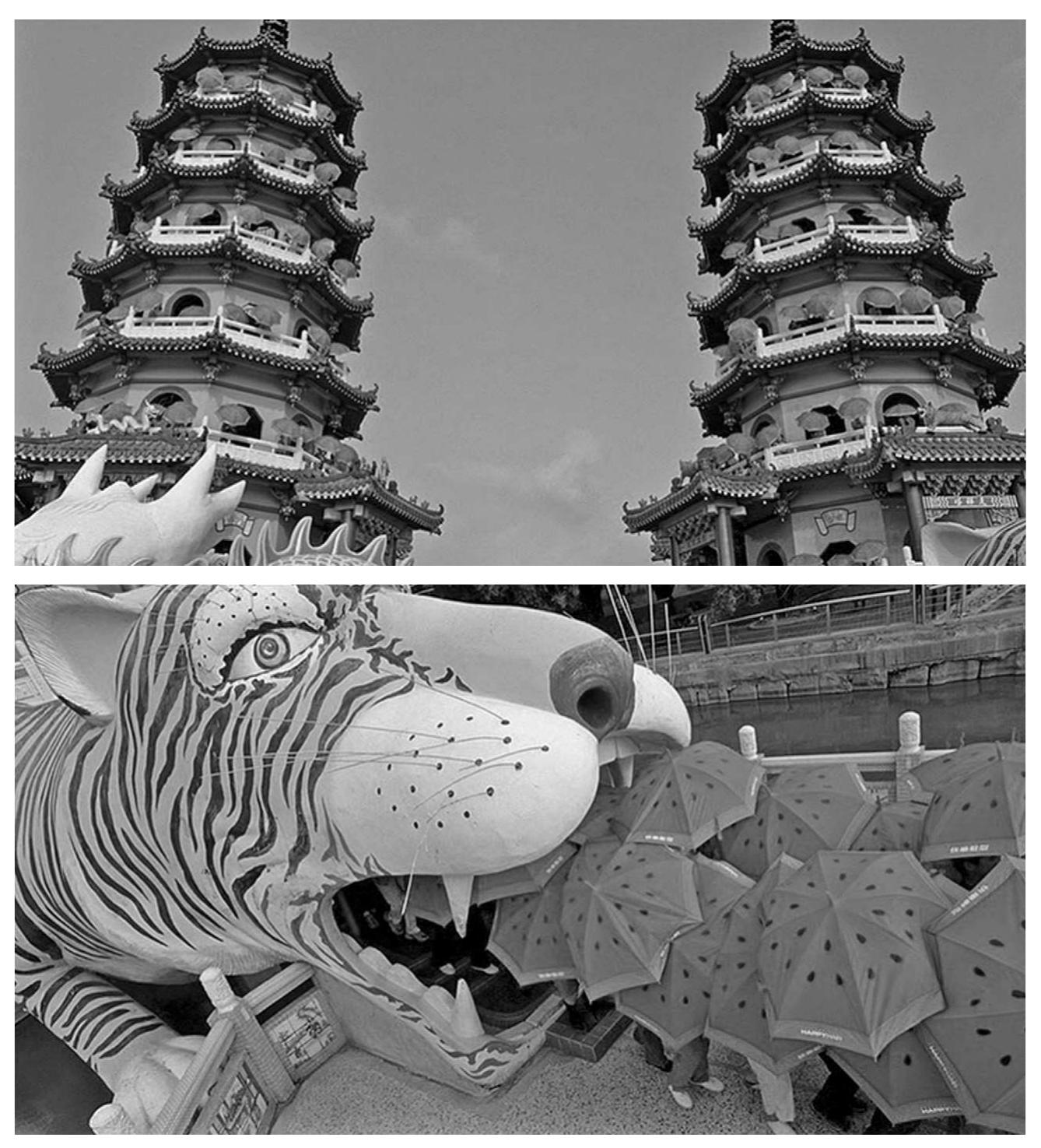 extravagance. Take for example the musical number in whick we see Hsiao-kang and Shiang-chyi, entirely cross-dressed, sing ing and dancing in a theme park filled with grotesque motif: such as phallic towers and giant animals with gaping mouth: (Figures 42-43), which resonates with a Bakhtinian carnival Featuring an army of extras carrying umbrellas with a red anc green watermelon print, the sequence playfully takes up one of Tsai’s authorial motifs while parodying Jacques Demy’s cel ebrated musical The Umbrellas of Cherbourg (Les parapluies d Cherbourg, 1964). Accompanied by Hung Chong’s Wonderfu  Grotesque motifs: phallic towers and gaping mouths in The Wayward Cloud 