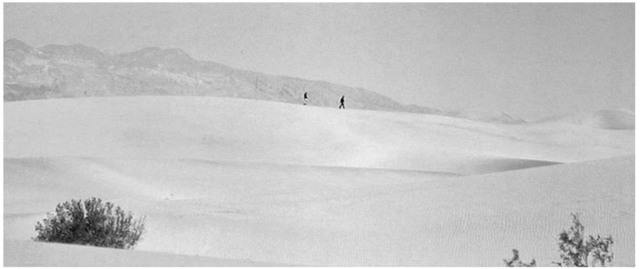 Figure 48  Dwarfing the human in Gerry  The lack of psychology and drama in Gerry is matched on a vis- ual level by its disdain for anthropomorphic dimensions. Here, landscapes dwarf human presence to the point that Damon and Affleck occasionally appear as insignificant dots within the frame (Figure 48). Their miniaturized scale renders impos- sible the reading of facial expressions, gestures and move- ments, enhancing, in return, the enormity of the deserts they traverse. Of course, the viewer continues to follow the charac- ters’ trajectory during the film, being occasionally confronted with dialogue and short-distance shots. Still, this film’s extreme downplaying of human presence demands some elaboration.  downplaying of human presence demands some elaboration. 