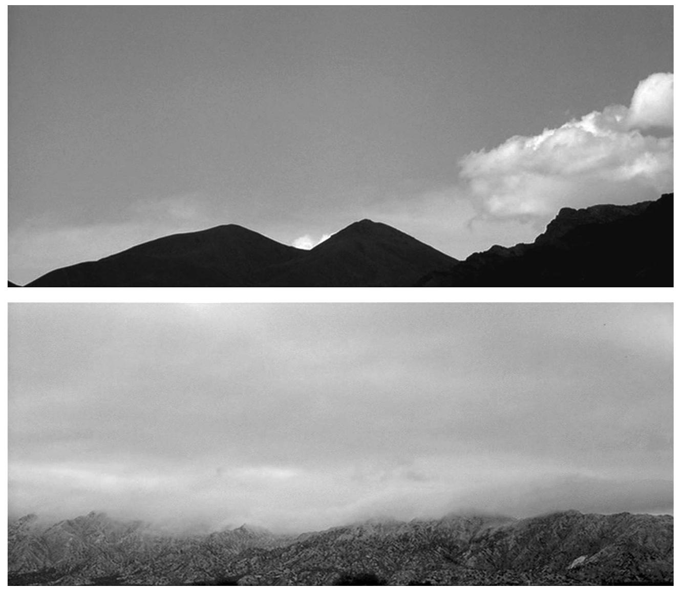 attaining the sensuous quality of abstract paintings in motion. This is what happens, for example, in the shot showing an immense blue sky under which we see triangular summits and, on the right, formless white clouds whose changing shape is rendered visible through time-lapse procedures (Figure 51); or when we see the surface of rocks above which grey, heavy storm clouds swiftly pass through the screen (also the effect of time-lapse procedures) (Figure 52). Though one obviously perceives these things for what they are, these images fluctu- ate between their real, individuated state and sheer plasticity: their movement, forms, texture and colours are liberated from that which actualizes them. As such, Gerry seems to answer Stan Brakhage’s famous call for a pure perception, freed from lan- guage and automatisms: ‘Imagine an eye unruled by man-made  Affective landscapes in Gerry 