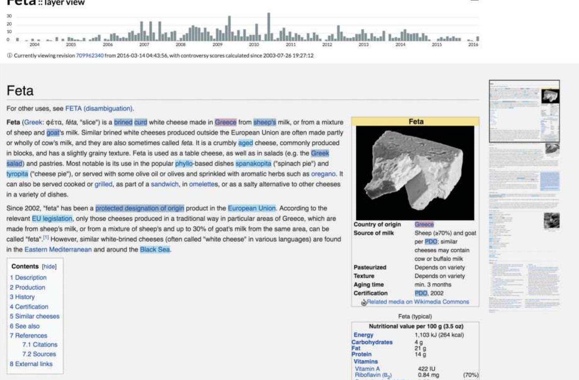 Fig. 2. Contropedia’s layer view of the English Wikipedia page on feta. The more controversial an element, the redder the color. Greece is most disputed on this page. Source: Contropedia.net, March 14, 2016.  origins are suggested, such as Macedonia, Bulgaria, or Turkey. In addition to negotiations about its cultural origin, in the edit history the issue of “ownership” of the name “feta” is also discussed, as are the defining characteristics of feta, such as its ingredients (i.e., goat, sheep, and/or cow milk). The European Commission’s ruling providing Greece with the “protected designation of origin” status fig- ures prominently both as a topic of dispute as well as a key source to establish consensus in editing disputes. 