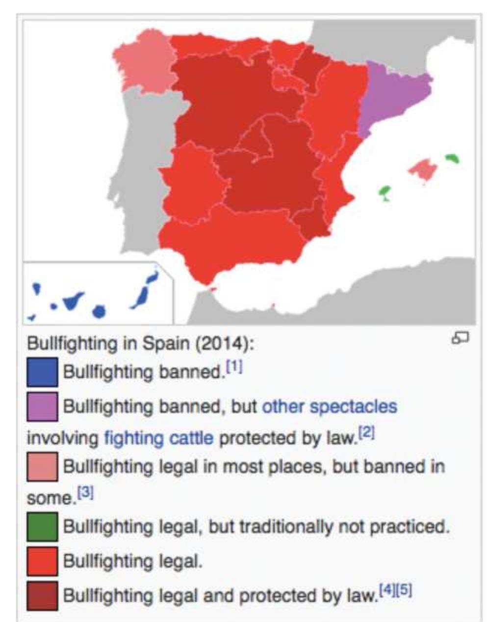 Fig. 6. Map of bullfighting in Spain depicted in the Spanish, English, and Portuguese version. Source: https://commons. wikimedia.org/wiki/File:Tauromaquia_en_Espafia.PNG;  au- thor: Fobos92.  Fig. 5. Map of bullfighting in Spain depicted in the Catalan entry. Source: https://commons.wikimedia.org/wiki/File: Bullfighting_in_Spain_by_province.png; author: Zayuk. 