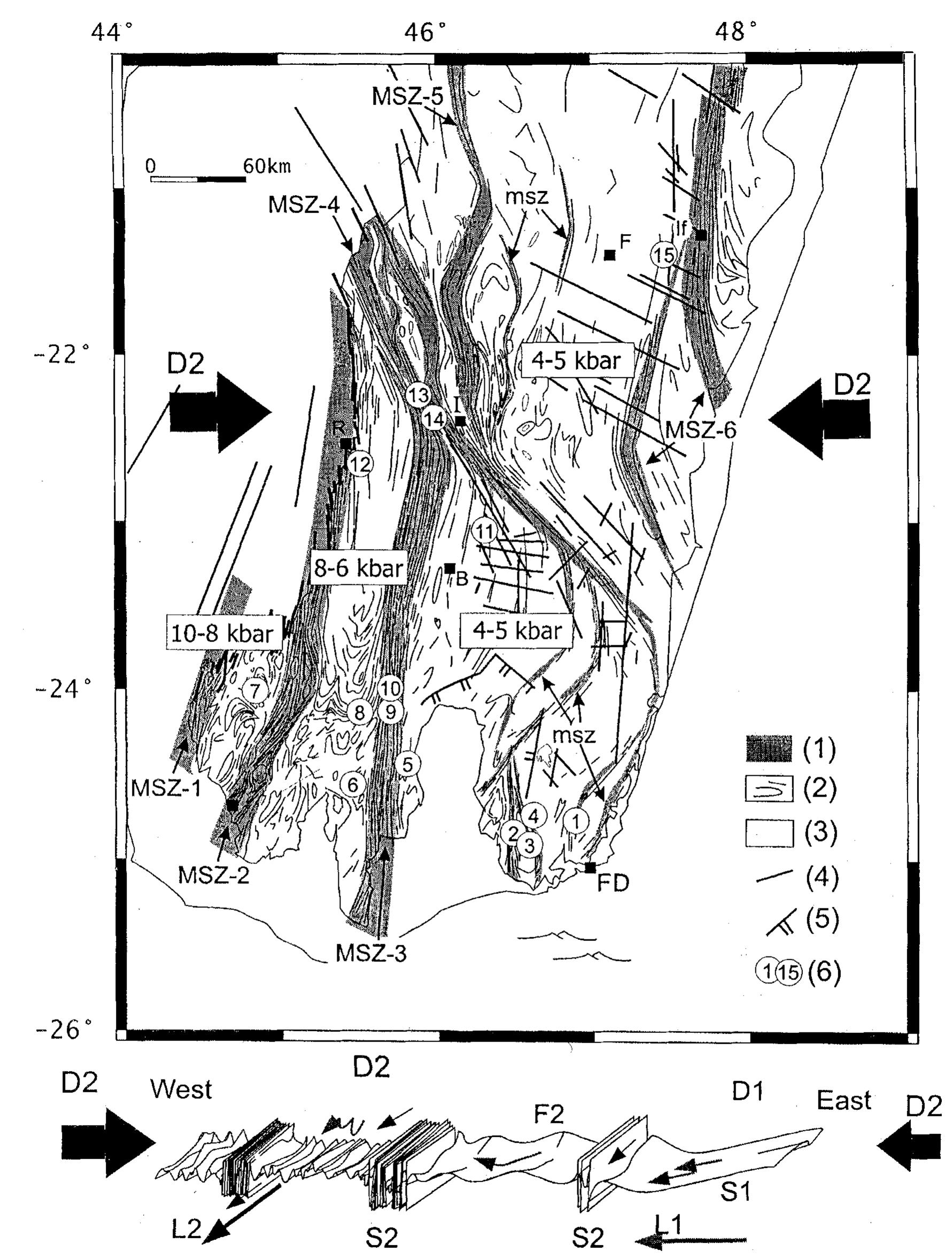 1.  Tectonic framework, P-T conditions and localization of geochronological data in the southern part of Madagascar. This tectonic map i based on satellite imaging and complemented by field studies (Martelat et al., 1997; Pili et al., 1997; Martelat, 1998) and correlated witl published geological maps (Besairie, 1970a & b). The maximum pressure data are from Nicollet 1988, 1990; Nédélec et a]., 1992 and pers Communication; Martelat et al., 1997; Martelat, 1998. (1) Major shear zones (MSZ) of -1 Ejeda, -2 Ampanihy, -3 Beraketa, -4 Bongolava Ranotsara, -5 Zazafotsy, -6 Ifanadiana and minor shear zones (msz), (2) major foliation trends developed in migmatites and rock: metamorphosed under granulite and high amphibolite facies, (3) post-Cambrian sediments and volcanic rocks, (4) major faults, (5) caldera (6) numbered circles (1-15) indicate the position of the geochronological estimates on monazite (Tab. 1). Black squares : towns of Ampanihy A), Betroka B), Fort-Dauphin FD), Fianarantsoa F), Ifanadiana If), Ihosy I), Ranohira R). At the bottom a 3D schematic diagram of the structures shows the interference between D1 and D2 finite strain patterns. 
