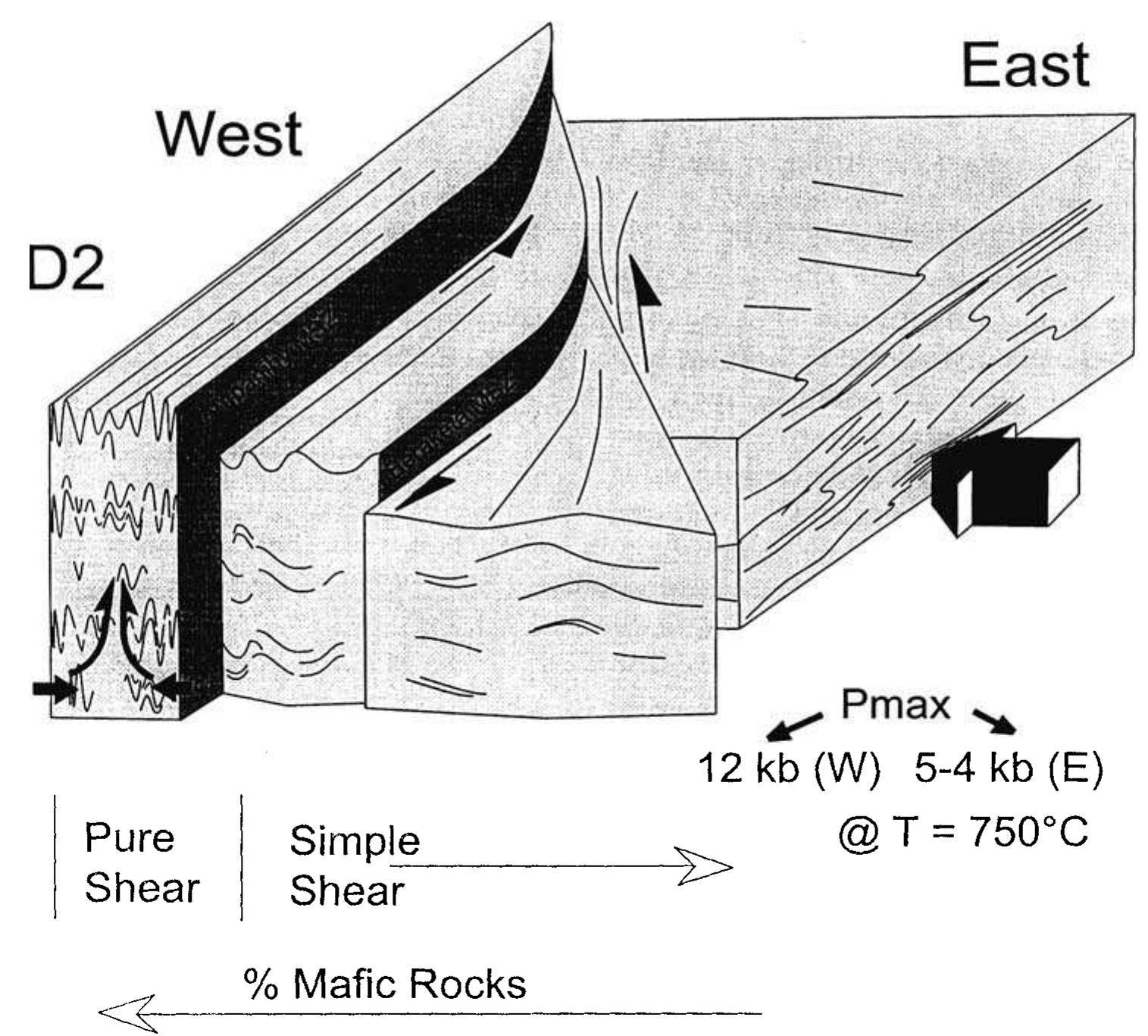 he convergence of the Tanzanian craton in the west and he Dharwar craton in the east (Fig. 2, Drury and Holt, 1980; Daly, 1986; Schakleton, 1986; Kriegsman, 1993; Windley et al., 1994; Sacks et al., 1997; Martelat, 1998). In this context, he superposition of the D1 and D2 strain patterns, in the range of 590-500 Ma, is clearly the result of an oblique convergence of cratons promoting the bulk shortening of he intracratonic lithosphere. Under very high-temperature metamorphism (max T > 850°C), we observe a strong strain partitioning on a regional scale and the D2 strain gradient increasing from the east to the west. Madagascar granulites were mainly exhumed (at least 20 kilometres of uplift) during a transpressive regime (D2 strain pattern). The vertical displacement was controlled by the D2 strain gradient, and was the largest in domains where the ratio of pure shear versus simple shear was the highest (Fig. 3), as predicted by thermomechanical modelling (Thompson et al., 1997). This hypothesis is supported by the regional distribution of lithologies, more granitic in the east and more mafic to the west. The basement of Madagascar, thus represents an example of deep seated rocks exhumed during an obliquely convergent (transpressive) orogen.   Interpretative block diagram showing the D2 dynamic event in the southern part of Madagascar. The two vertical planes in dark grey represent vertical major shear zones of Ampanihy and Beraketa whereas the oblique shear zone corresponds to the Bongolava-Ranotsara structure. The zone where the exhumation of the lower crust is stronger is located to the west where the strain regime is pure shear dominated. The maximum pressure is given at a constant temperature of 800°C. Mafic lithologies increase from the east to the west. 