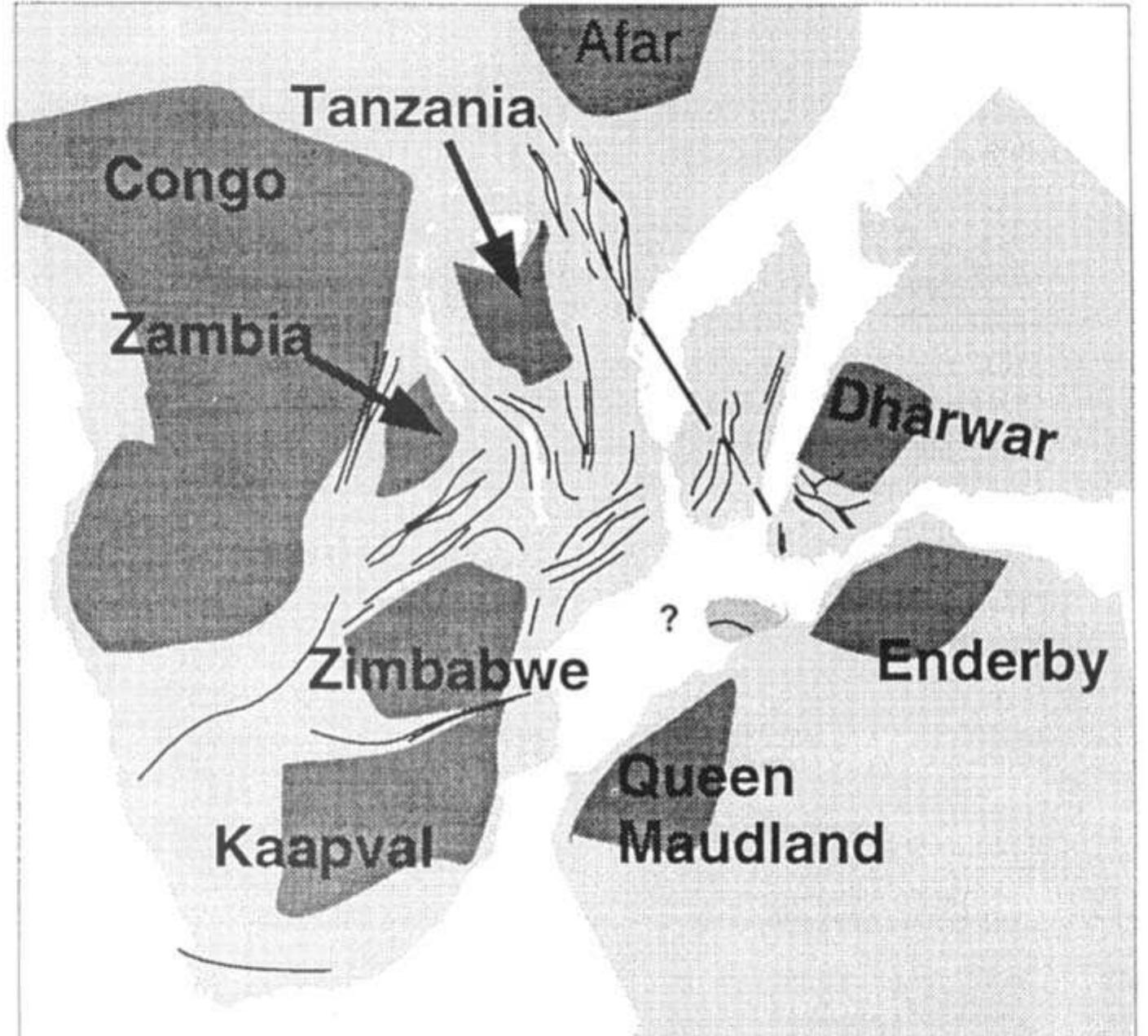 Vig.1. Madagascar in its pre-drift position showing the Pan-African structural trends of the Mozambique belt in between the main cratons. 