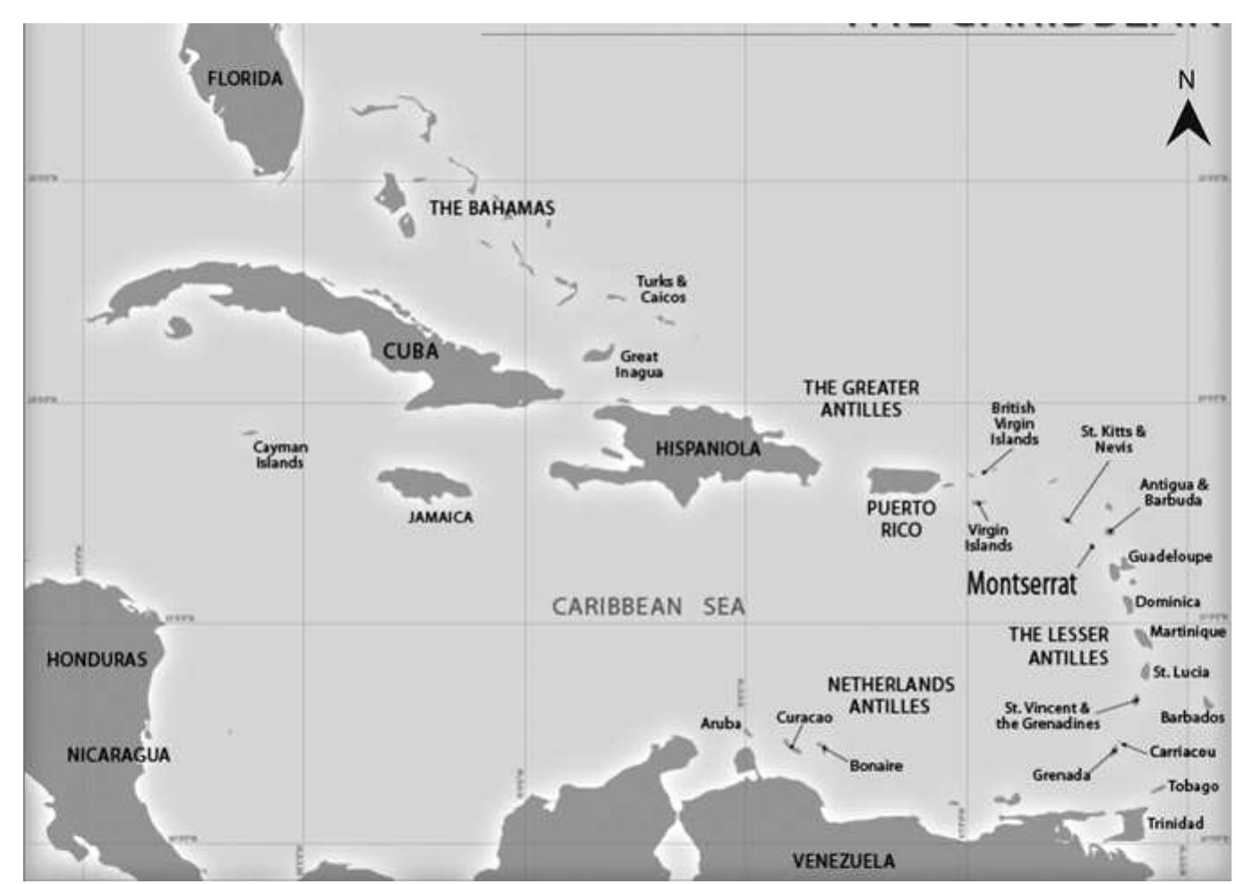 Figure 7.1. Map of Montserrat in the Caribbean (modified by K. Ryzewski, 2012). 
