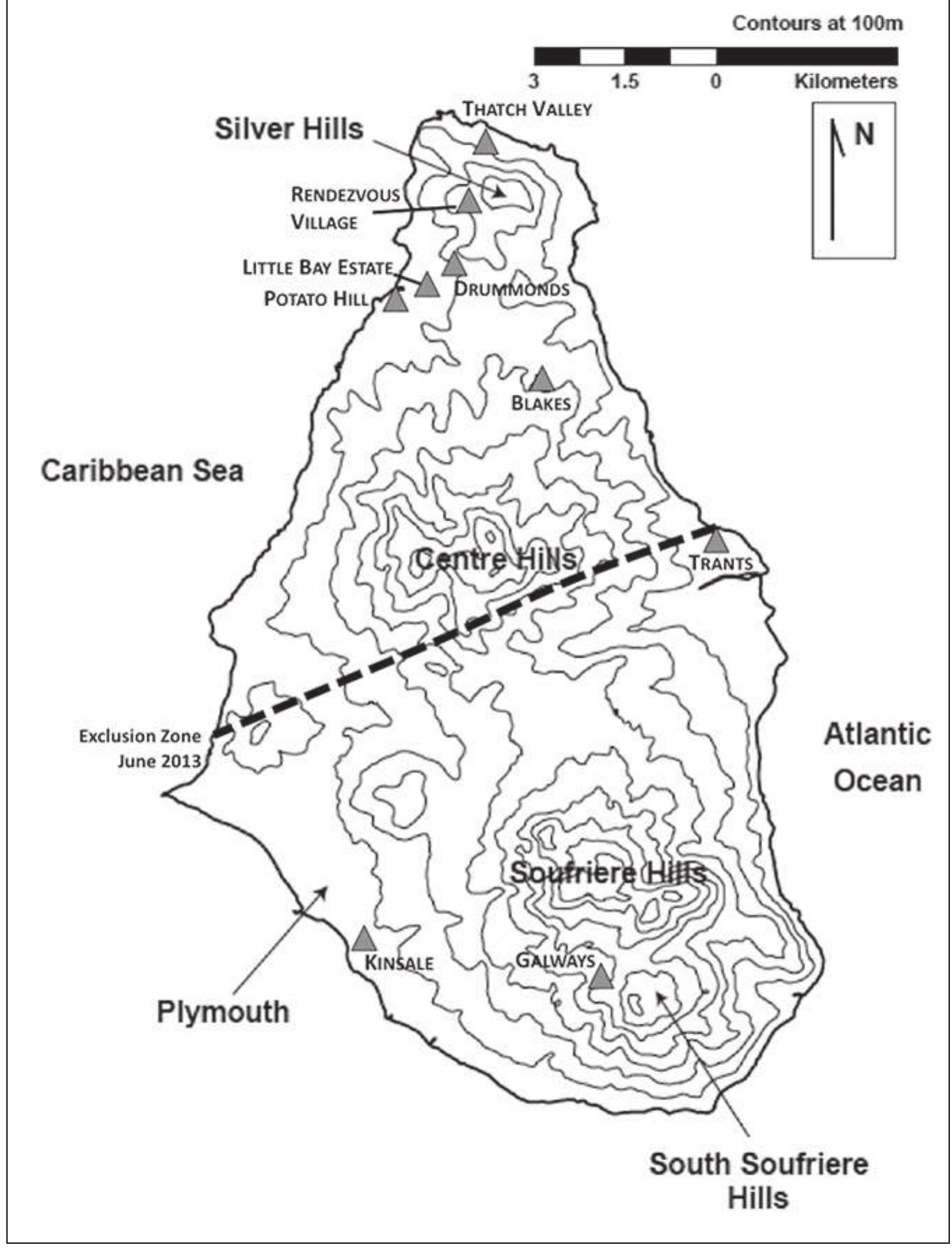 Figure 7.2. Map of Montserrat with location of sites and places discussed in text and volcanic exclusion zone boundary as of June 2013 (T. Leppard, 2012, modified by K. Ryzewski, 2013). 