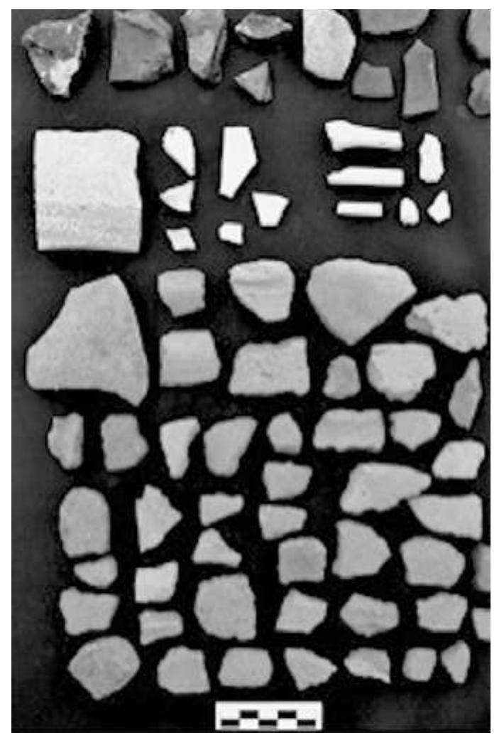 Figure 7.3. Artefact assemblage collected by archaeological survey of the residential area of the Thatch Valley site (Area B) includes predominately coarseware pottery with lesser quantities of seventeenth- and eighteenth-cen- tury and English-made stoneware and refined earthenware, tobacco pipes, glass bottle frag- ments and iron. © K. Ryzewski, 2013.  vere subjected to numerous restrictions during the seventeenth and eighteentl enturies. Nevertheless, during the same period the Irish provided many of the sovernors of the island and were among the most profitable planters. At leas’ n the higher ranks of society, and perhaps on a case-by-case basis, economic nfluence and political acumen temporarily assuaged pervasive ethnic prejudice ind legislative barriers. Given the competing biases and contradictory narrative: raming Montserrat’s Irish history, attempts to understand the Irish settle: eality may benefit from integrating other sources of evidence beyond the colo- 1ial documents - most notably, material culture and archaeological evidence 