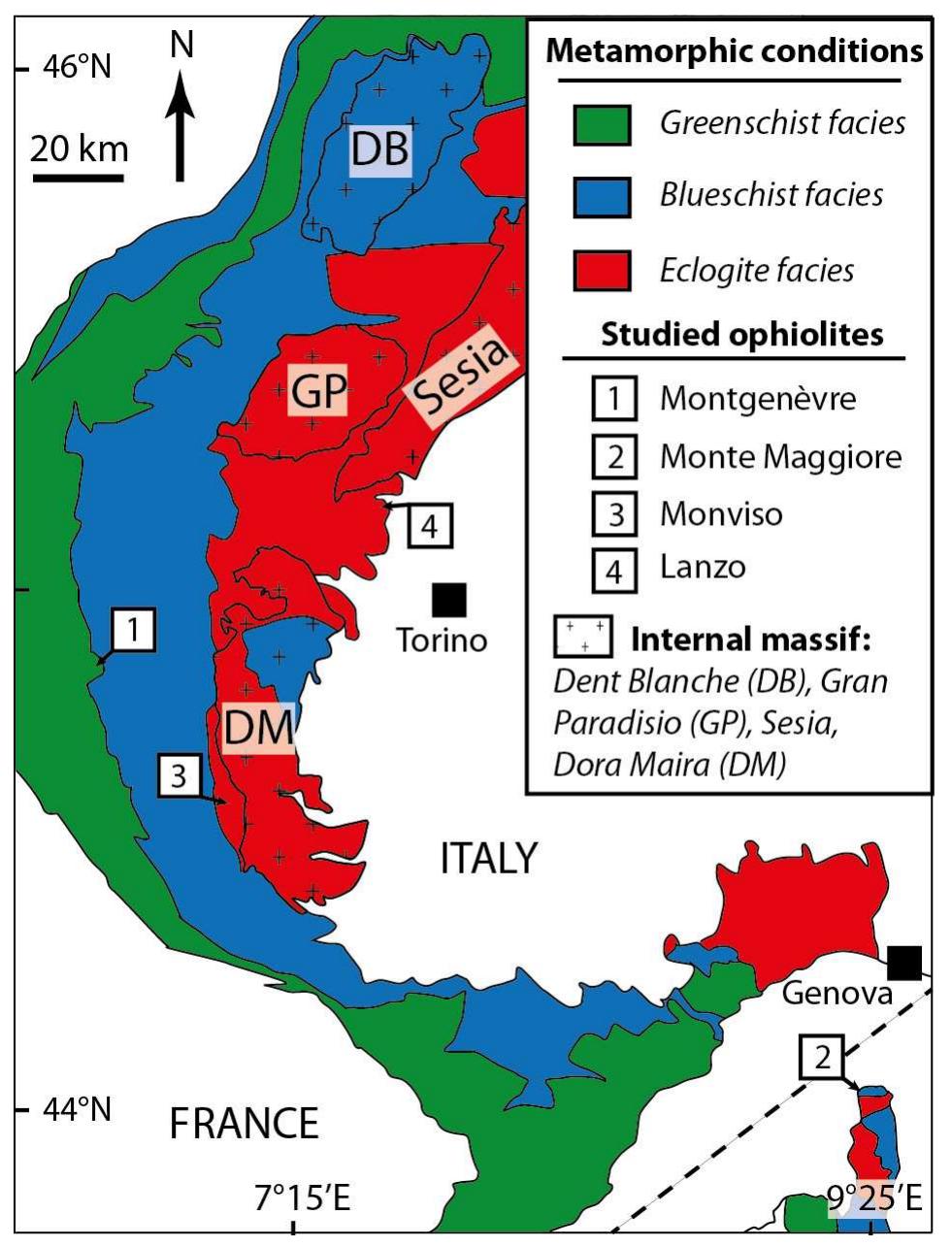 Fig. 1. Geological map of the Western Alps showing the metamorphic facies and the spatial distribution of studied ophiolites. The numbers indicate the studied ophiolites: 1. The Mont Genévre ophiolites (Chenaillet and Punta Rascia massifs); 2. Monte Maggiore ophiolite; 3. Mon Viso ophiolite and 4/Lanzo ophiolite. 