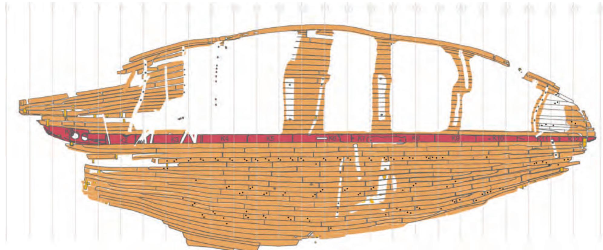 Figure 10.1 General plan of the planking of Thonis-Heracleion ship 17. (Drawing: P. Sandrin/A. Belov; © F. Goddio/IEASM. ) 