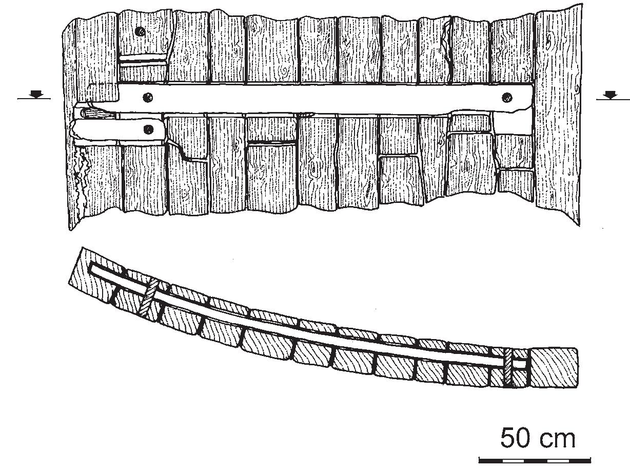 Figure 10.3a Long tenon revealed during the section at the bow of the Thonis- Heracleion ship 17; 3b location of long tenon. (Drawings: P. Sandrin/A. Belov; © F. Goddio/IEASM.) 