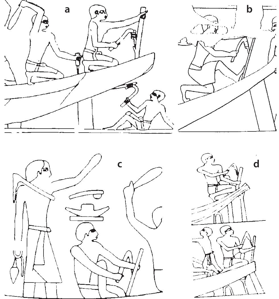 Figure 10.6 Fragments of the reliefs of the Old Kingdom showing workmen cutting long pieces of wood: a tomb of Ty from Sakkara, fifth dynasty; b tomb of Ni’ankh-khnum and Khnemhotep from Sakkara, fifth dynasty; c tomb of Khuenre from Giza, fourth dynasty; d tomb of Khunes from Zawyet el-Maiyitin, fifth dynasty. (Drawings after Rogers 1996.) 
