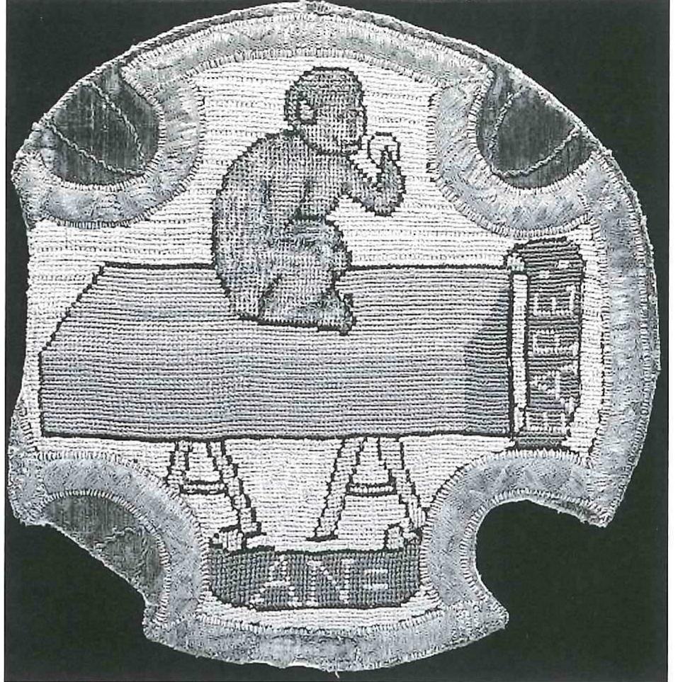 4| Mary Queen of Scots (monogrammed M[aria] R[egina]): An eape, 1570s, linen canvas embroidered with silk, 30 x 30 cm. London, Victoria and Albert Museum (presented by The Art  Fund), T.33J-1955 