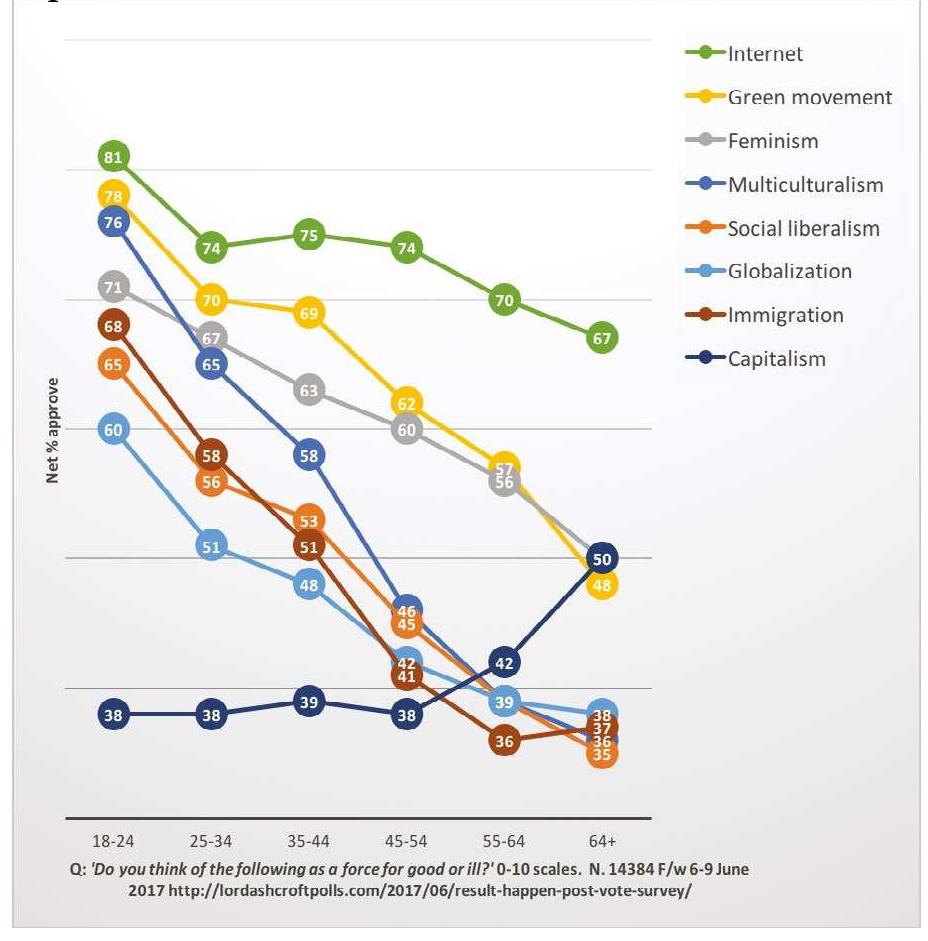 Young are more socially liberal, and also more anti- capitalist, UK 2017 General Election 