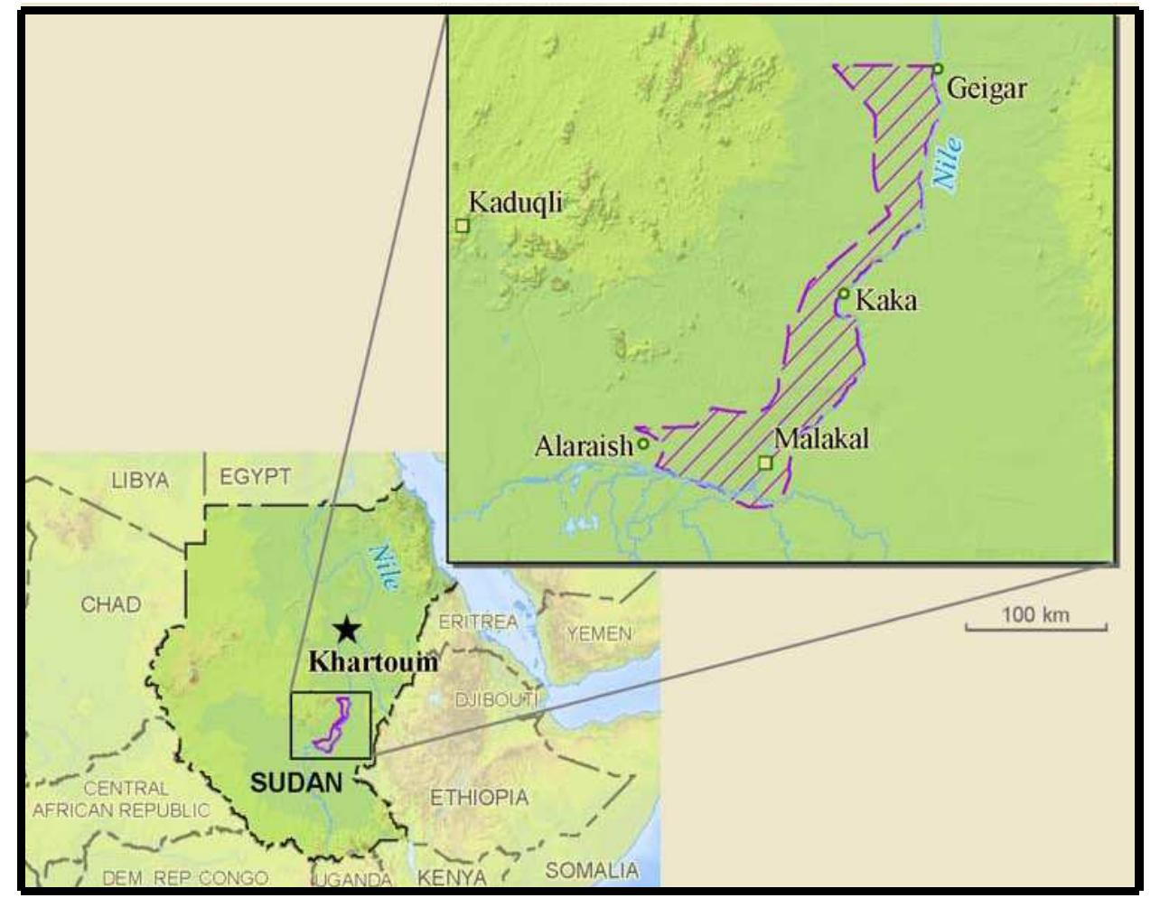 A map of sudan showing the location of the shilluk homeland