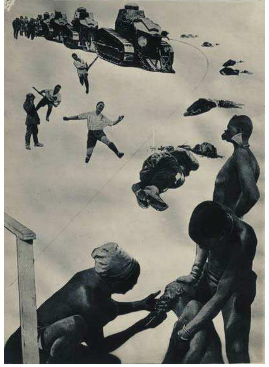 Figure 1. Photo Sculpture Militarism by L. Moholy- Nagy, 1924°  In this typo-photo (Figure 2), Herbert Bayer avoids using words to show something of the context. The plastic basic forms, symbolic elements that played a great part in the Bauhaus doctrine, were linked with drawing implements and the periodical itself. Photomontage was used; pieces were stuck together and photographed the whole thing. All these findings came to focus in the practical tasks of contemporary advertising art. ‘To put an advertising message through effectively, the most heterogeneous elements -verbal message, drawing,  Herbert Bayer worked as a typographer, advertising artist, photographer, painter, sculptor, architect and even as a designer of office landscapes. The ideals of the Bauhaus, where Bayer acquired his artistic education, are fittingly reflected in the creative activities that he pursued during various periods of his life. From 1921 to 1925, he studied at the Bauhaus in Weimar under Johannes Itten. In 1925, he took over the printing and advertising shop of Bauhaus in Dessau, where he was also responsible for the design of Bauhaus printed  publications. ° 