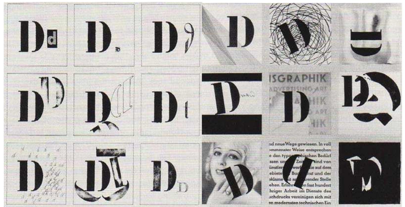 Figure 3. Contrast Study: variants of letters on a given black stencil D by Kurt Kranz, 1931!4  From atomic happenings to cosmic actions, all elements in nature are in perpetual interaction. For this reason, forms are appearing and disappearing; and man who is experiencing all these, is the subject in all kinetic change. As J.J. Gibson, the psychologist famous with his studies on the field of visual perception, states in his book titled ‘Ecology of Visual Perception’, observing individuals are always in motion. The human being in motion, while observing his/her environment, may be stable but at least his/her eyes move. 