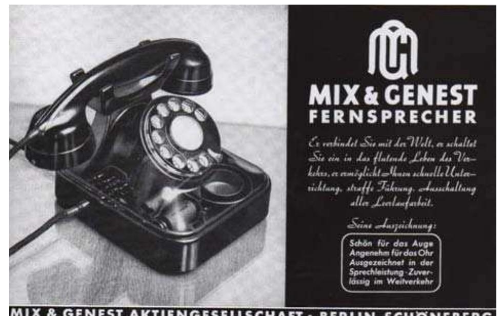 Figure 15. Mix&GenestAdvertisement 1936”  Mix &Genest showed the inside of one of their ‘long distance’ desk telephones in this advertisement. The ad copy says the telephone could ‘connect you with the world, is pleasant to look at, comfortable for the ear, perfect in performance and dependable in use’.*°In Mix& Genest’s telephone advertisement (Figure 15), the photograph of the product and the typographic organization containing the qualities of the telephone are presented together. 