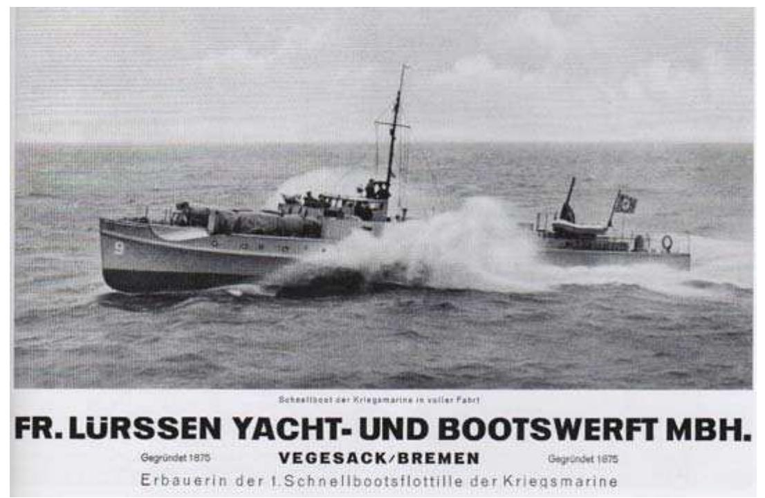 Figure 16. Liirssen Yacht Advertisement?!  The Liirssen yacht and boat wharf in Bremen was very proud of its contribution to the Kriegsmarine. This advertisement (Figure 16) shows a Liirssen Schellboot.(Fast Boat or Patrol- Torpedo Boat) running at full throttle on the open sea. The bottom line of the ad copy says that Liirssen built the boats for the first Fast Boat Flotilla of the German Navy.” In the Liirssen advertisement, the representation of the movement which was developed in Bauhaus, was used.  — Snes 4 a<? 77S we a. el . . a ne aes . 1. 1+. _ 