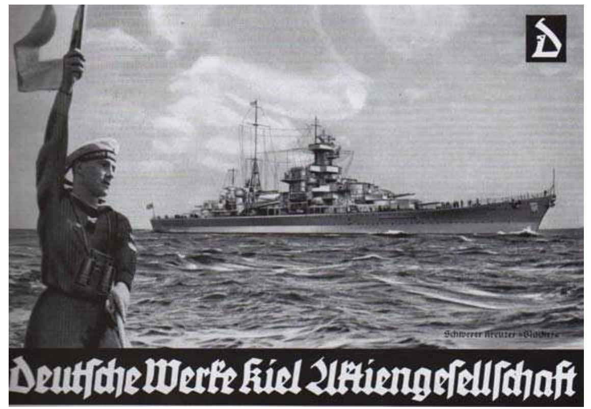 Figure 18. Deutsche Shipyards Advertisement, 1939*  This advertisement was “from a series of ads for Deutsche shipyards in Kiel. It shows one of their poducts, the heavy cruiser Bliicher. The ad ran in the Leipzig J/lustrierte Zeitung in November 1939”.*° In this product advertisement (Figure 18), the representation of movement application developed at Bauhaus, is observed. 