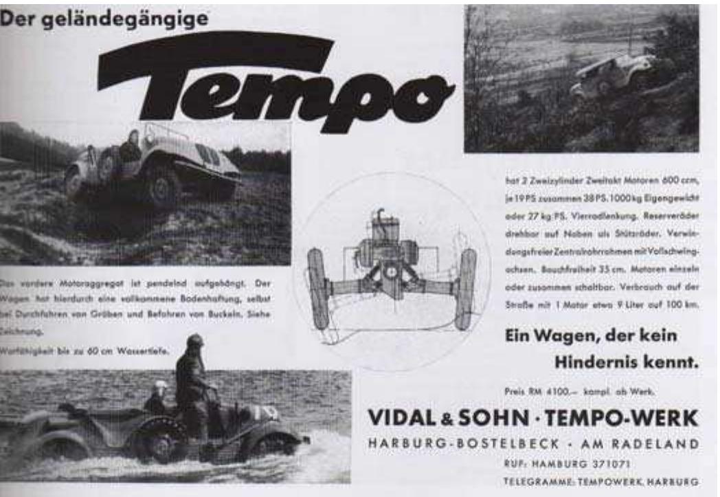 Figure 19. Tempo Advertisement, 1936*7  The jeep - like Tempo had a low profile but still provided 14 inches of ground clearance. It could ford water 24 inches deep and got 26 miles per per gallon of gasoline. This advertisement (Figure19) appeared in the Leipzig [lustrierte Zeitung in November 1936.*8 In the Tempo advertisement three different photographs of he jeep were used. In the photograph used at the upper left frog’s eye view, the searches of which were conducted in Bauhaus, which developed new visions was used. The audience is made to see Tempo’s position in a hilly land. By the means of frog’s eye view, the strength of the vehicle is stressed. In the upper- right photograph, the vehicle is seen while going in the mountain road. The representation of movements , the visualition of the moment was one of the studies that Bauhaus conducted in photography.  