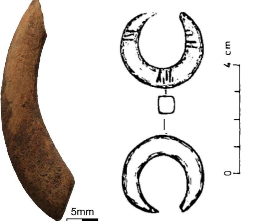 Fig. 6 The Luxmanda ivory artefact (Jef) compared with the illustration of a similar bone item from Gogo Falls in the Victoria Basin (right). Reproduced from Robertshaw (1991:150, Fig. 40), with the permission of P. Robertshaw 