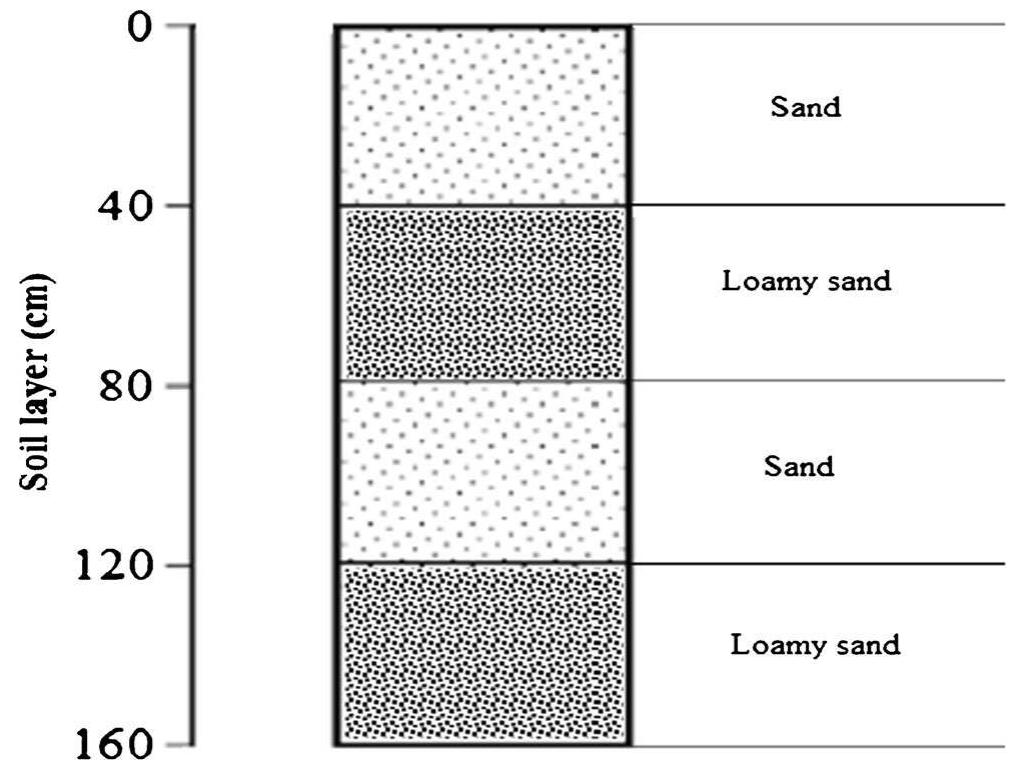 Soil texture and depth of the vertical layers of the modeled