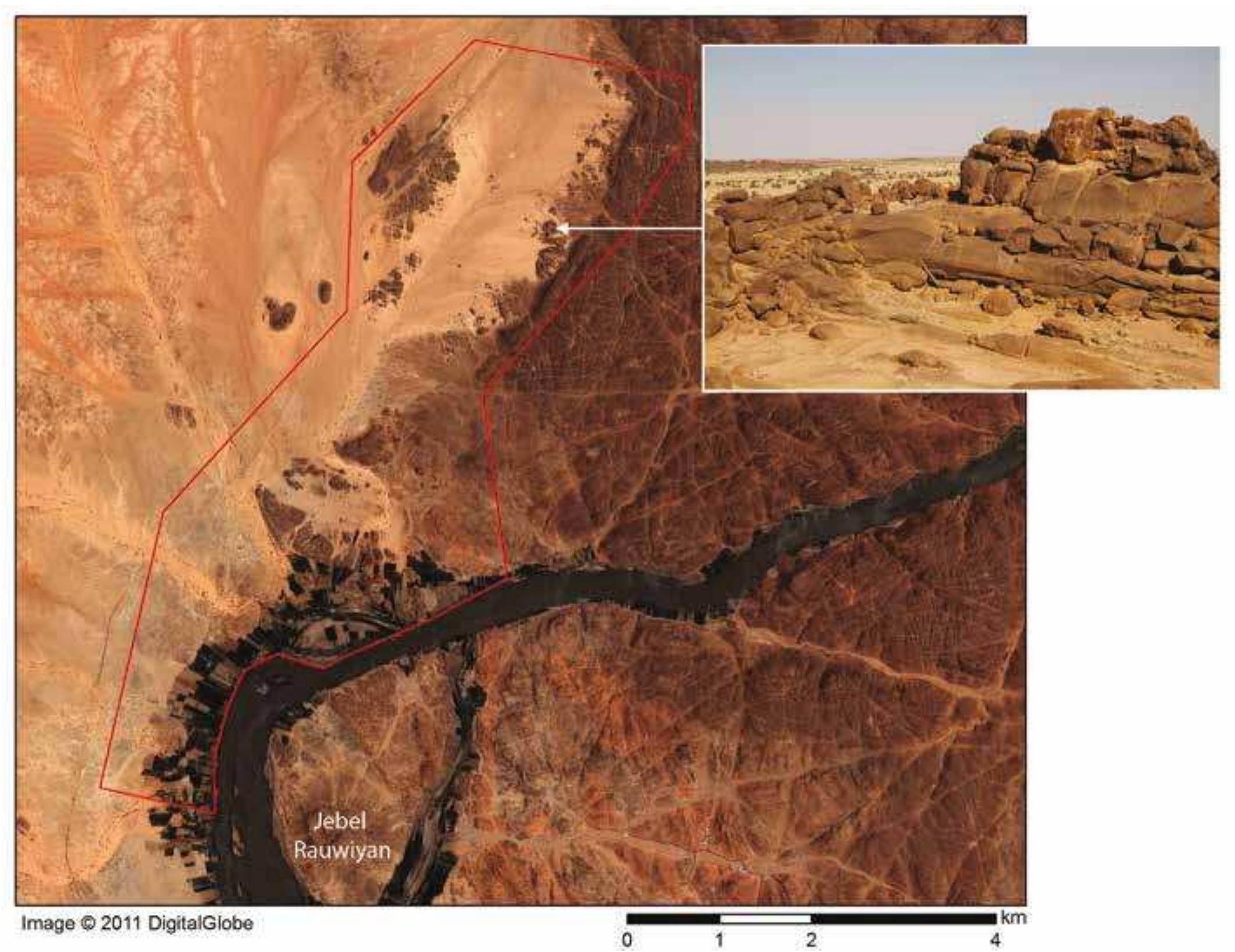 Plate 1. The site of Sphinx (SBK.W-60) in the north-western foothill zone of Jebel Sabaloka, with a close-up of the southern part of the platform. View from the south east (background Google Earth 2011). 