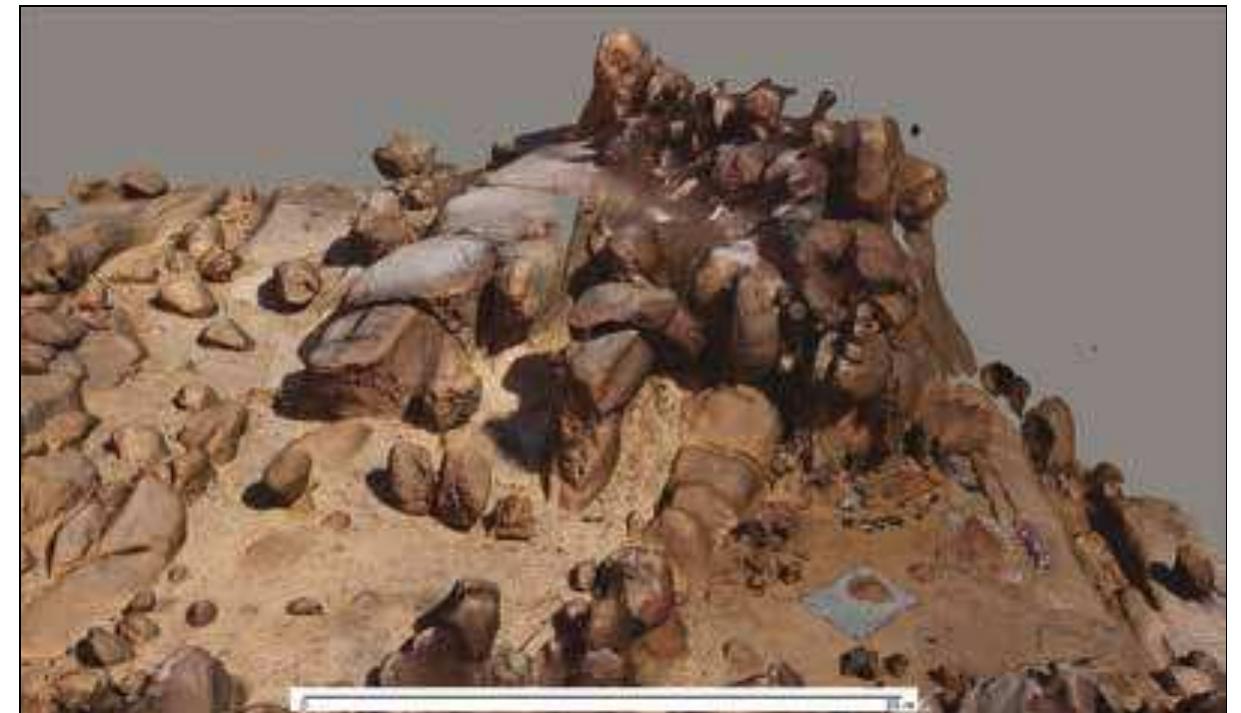 Plate 2. View from the west of the settlement platform at Sphinx, with its northern,  central and southern parts and the northern and southern shelters (3D model based on KAP by J. Pacina, 2014). 