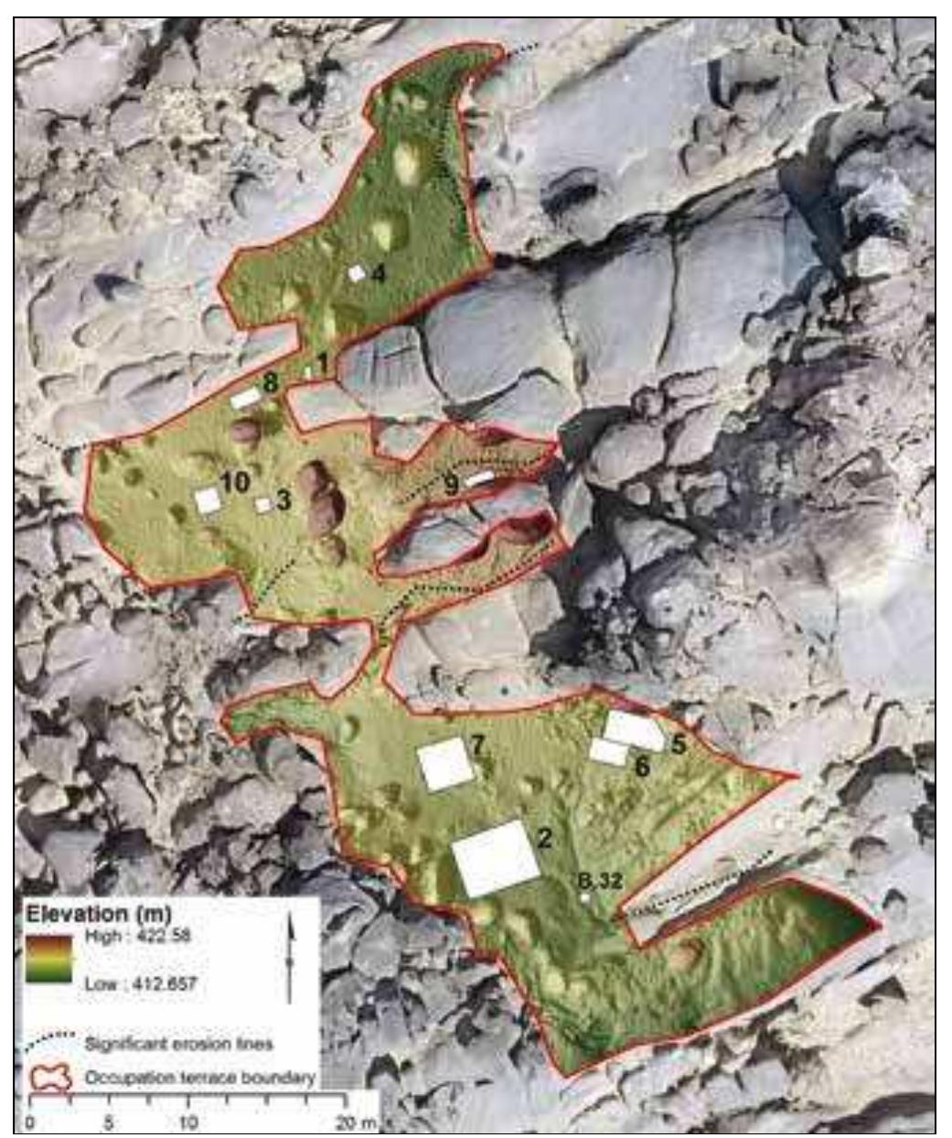 Plate 3. Plan of the settlement platform showing the locations of all trenches excavated since 2011 and the location of burial B.32 by the southern edge of the site (background by J. Pacina, 2014; updated by L. Varadzin, 2017).  for finer differences. However, already in the course of excavation it became evident that most of the units did not correspond to the original strata and were the result of post- depositional processes (see below). 
