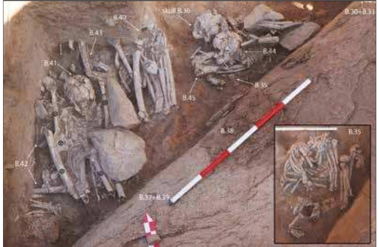 Plate 8. Trench 6 after removal of the remains of non-adult individuals B.37-B.39 and parts of B.30-B.31 (of 2014) from the edge of the solid granite ‘bench’ and after uncovering the remains of B.35 and B.36 (of 2014), B.40-B.45, and possibly other individuals redeposited in the burial pit of B.35. The black  crosses mark, long bones from a disturbed individual placed = carefully around B.41. View trom the south.  