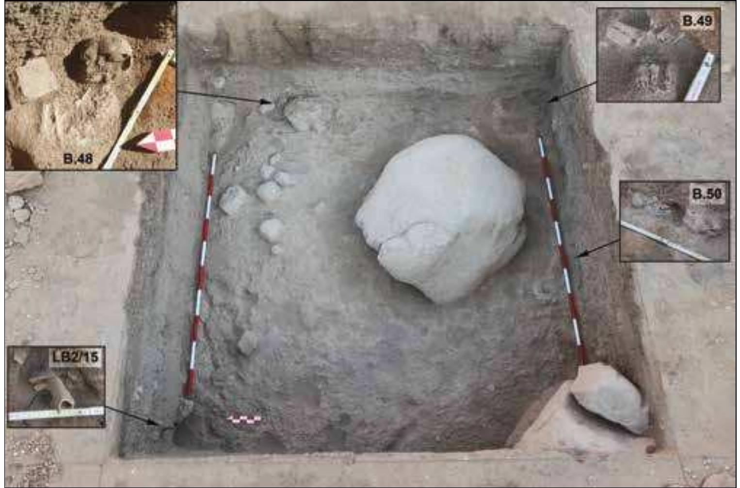 In the central part of the site, two trenches wete excavated (see Plate 3). Trench 8 (2 x 1m, depth 650mm; Plate 11) was located in the corridor leading to the northern part of the site in a surface concentration of broken and unbroken shells of Pila sp. The excavation revealed that the shells occurred in clusters from the surface down to the bedrock. No evi- dence of human burials was noted in this trench, except for a fraoment of diaphysis of a bone (probably a distal part of femur) found in a secondaty position. Only settlement debris  Plate 10. View (from the west) of the lower section of Trench 7 (right above the geological foundation, with a detail view of burials B.48-B.50 and loose bones 2/2015. 