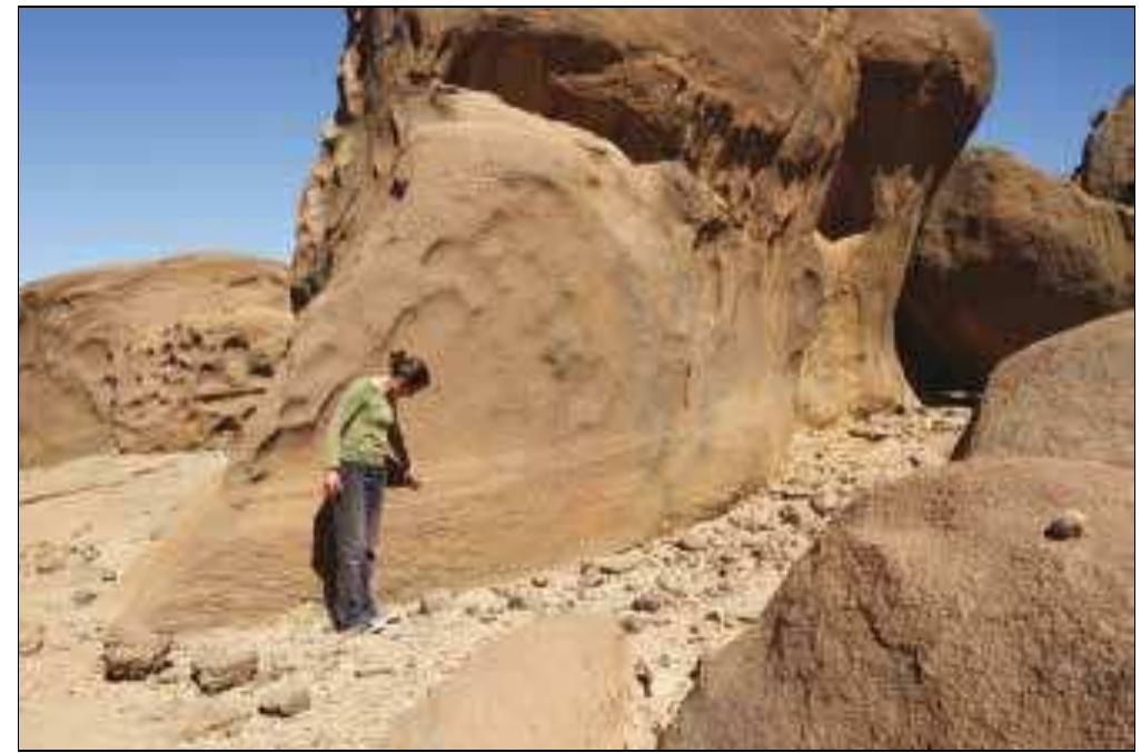 Of significance for the understanding of the former human activity as well as the past transformation(s) of the site are also certain natural and anthropic features recorded during the two seasons on boulders or surrounding tocks. The former type includes bands of horizontal weathering lines running continuously at a height of between 300mm and 900mm above the present-day ground surface across the lower parts of the granite rocks and boulders that delimit, ot outcrop within, the settlement platform (Plate 14). The latter group consists of numerous grinding hollows (or cup- marks) located on the upper surfaces of the exposed bedrock in particular at the southern edge of the settlement platform and, more interestingly, 33 narrow cylindrical holes drilled into   Plate 14. Weathering lines on the rocks delimiting the southern shelter. 