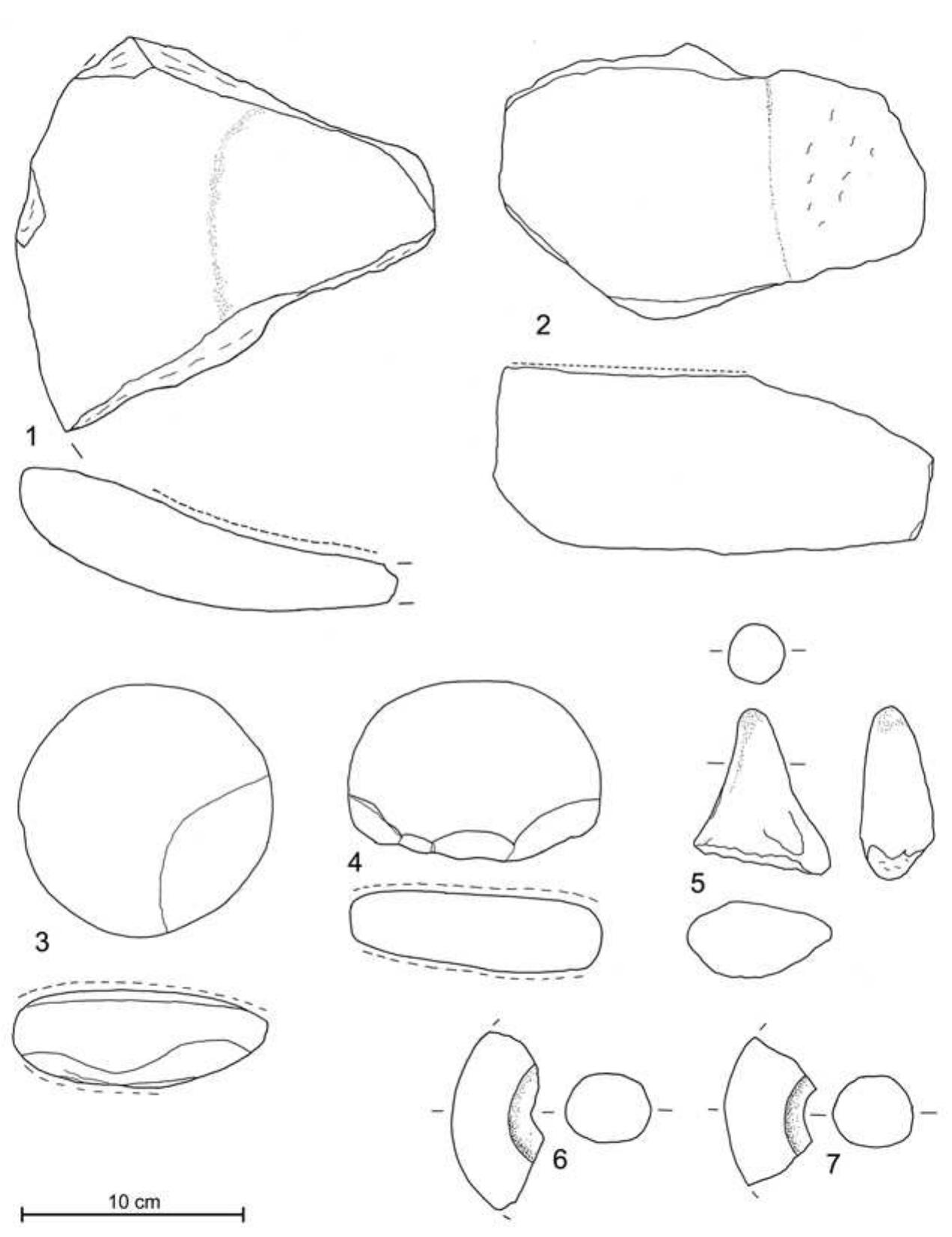 Figure 2. Representatives of the functional groups of tools and other artefacts from Sphinx: 1 — fragment of basin-like quern; 2 — complete flat quern; 3 — round grinder 4 — oval grinder; 5 — rubber; 6 and 7 — fragments of stone rings (drawing J. Rédey). 