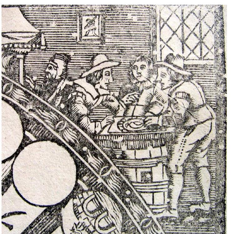 Figure 1 Goose as a gambling game in a tavern — detail from Het nieuw en vermaekelyke GANSEN-SPEL, Charles de Goesin-Disbecq, Ghent, end 17th C (author’s collection [Ciompi 992])  Before discussing variant forms, it is helpful to review the social context  of the game in its ‘traditional’ form |Seville, 1999). The Game of Goose is  historically the most important spiral race game ever devised. It has its roots in the Italy of Francesco de Medici (1574-87), who, as reports, sent it as a present to King Philip II of Spain. The game took hold there and elsewhere in continental Europe, where it is still played. When John Wolfe introduced it into England on the 10th June 1597 [Stationers’ Hall register, London] it was called The Newe and most Pleasant Game of the Goose, though its princely roots led it often to be labelled as ‘Royal’, as in the oldest surviving English board: The Royall €& Most Pleasant Game of Ye Goose printed by John Overton at the Black Lion in Exeter Exchange [in the Hannas collection sold at Sotheby’s, London in 1984 and dated in the catalogue as c. 1660]. Although the game was regarded as a suitable diversion for a Dauphin of France, the game had also a popular following and was regularly played for gambling stakes by men in taverns.  