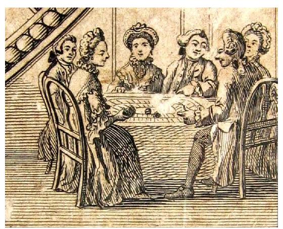 Figure 2 Goose in respectable mixed company — detail from Bowles’s ROYAL and Entertaining GAME of the GOOSE, Carington Bowles, London, mid 18th C (author’s collection [Ciompi 927])  Figure 2 Goose in respectable mixed company — detail from Bowles’s ROYAL  Over the years, this rough gambling element diminished and the game became one that could be played in respectable mixed company [Figure 2] or indeed in the family with children [Figure 3], until by the 20th century it became regarded as a children’s game [Figure 4]. 