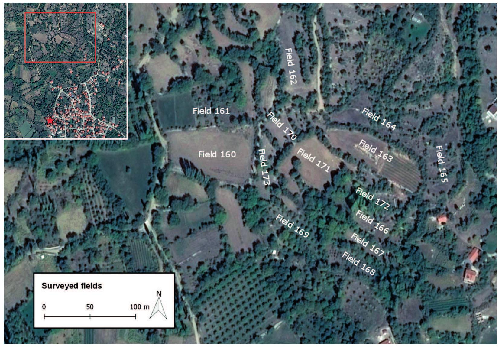Fig. 1 Aerial view of site with indication of field numbers; inset: location of house of H. Yasan in Sakarca Mahallesi. 